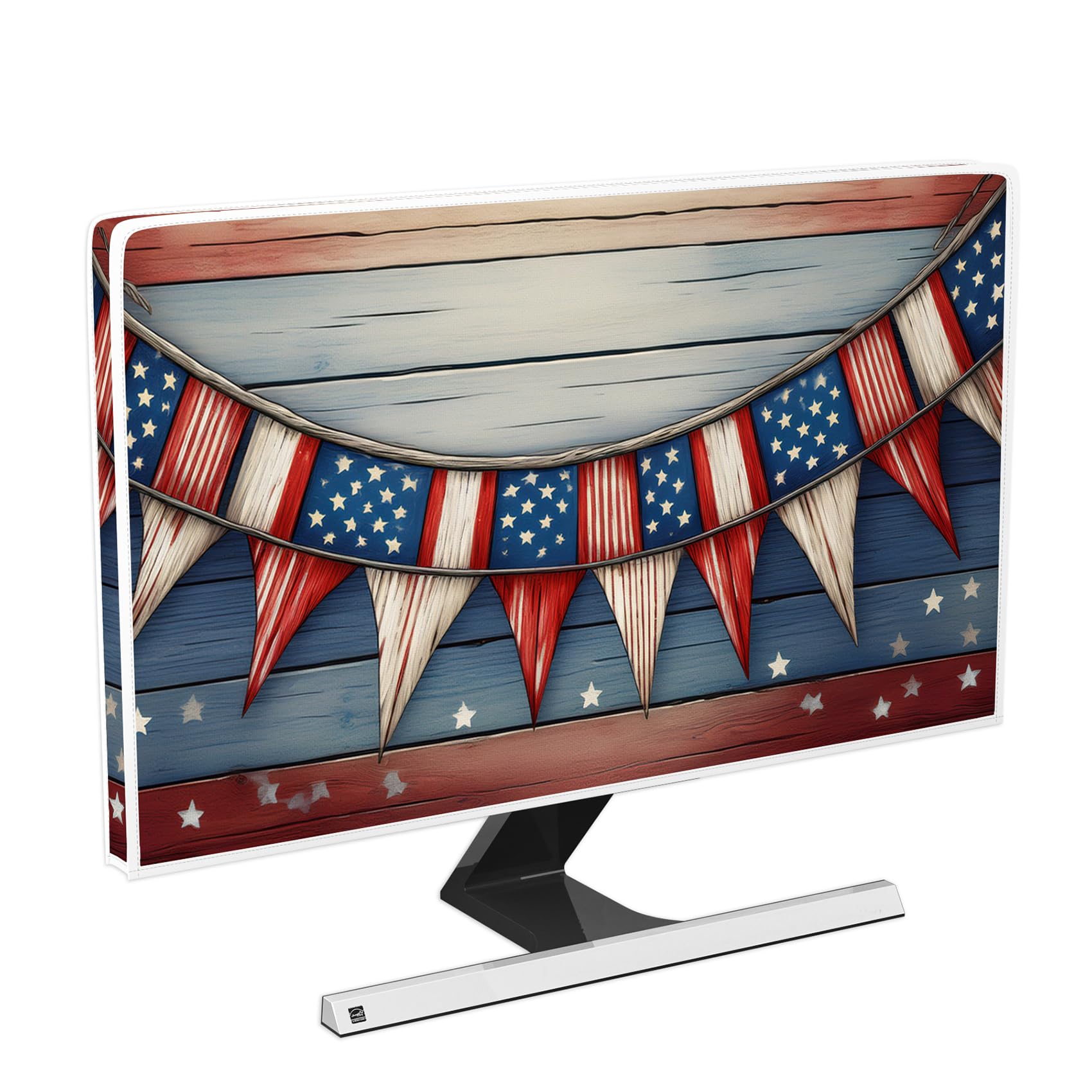 Fourth of July Monitor Dust Covers 26, 27, 28 Inch Vintage Wooden Board American Banner Independence Day Panel Case Antistatic Water Resistant Monitor Dust Cover for Tablet Decoration