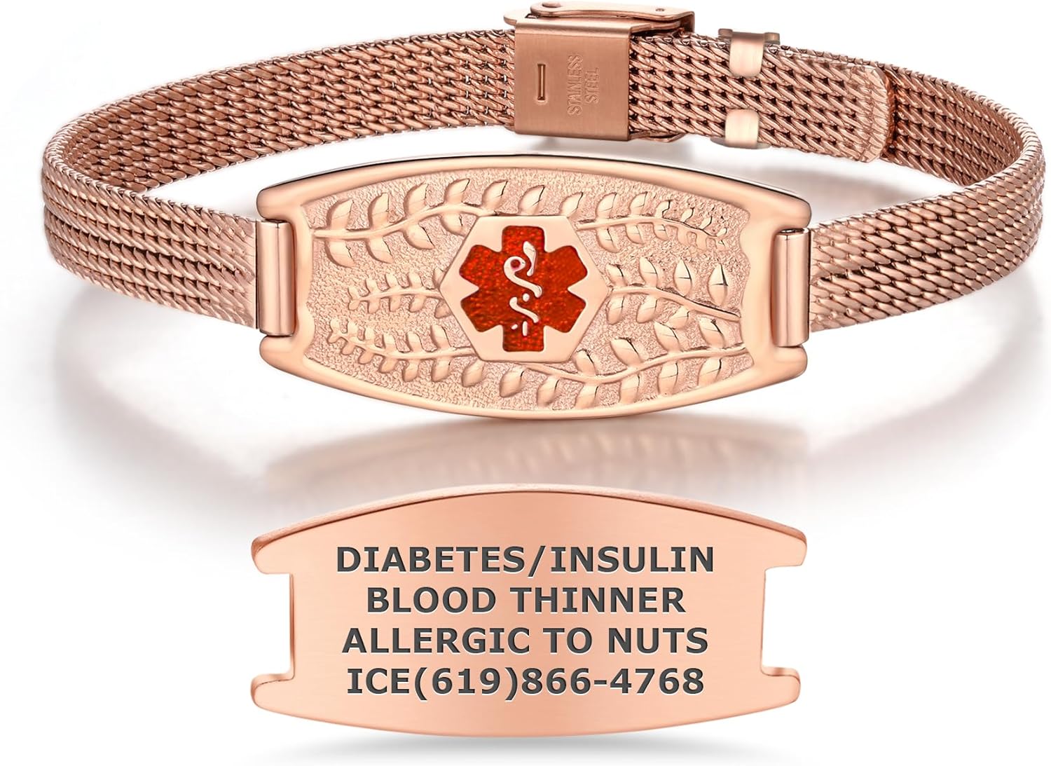 Divoti Custom Engraved Olive Stretch Medical Alert ID Bracelet | Adjustable Rolled Mesh Chain with Safety Clasp Lock | Hypoallergenic, Durable Stainless Steel – PVD Rose Gold/Red