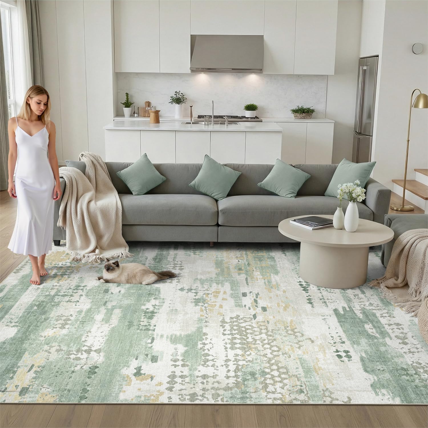 DCX Abstract Area Rug 5x7, Washable Sage Green Modern Rug for Living Room, Kid & Pet Friendly with Rubber Back Non Slip, Soft Low Pile Carpet, Stain Resistant Rug for Bedroom, Office, Dining Room