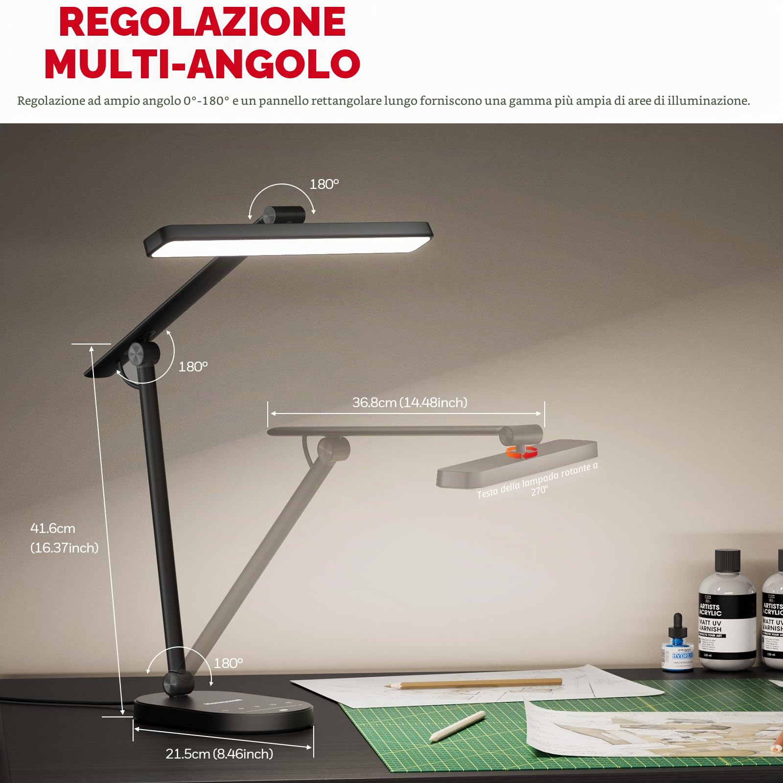 Honeywell HWT-H4 Lampada da Scrivania LED 700LM, Protezione degli Occhi, 3 Temperature di Colore e 5 Livelli di Luminosità, Sensore Auto-Dimming, Timer 60 Minuti, Lampada per Studio, Lettura e Ufficio