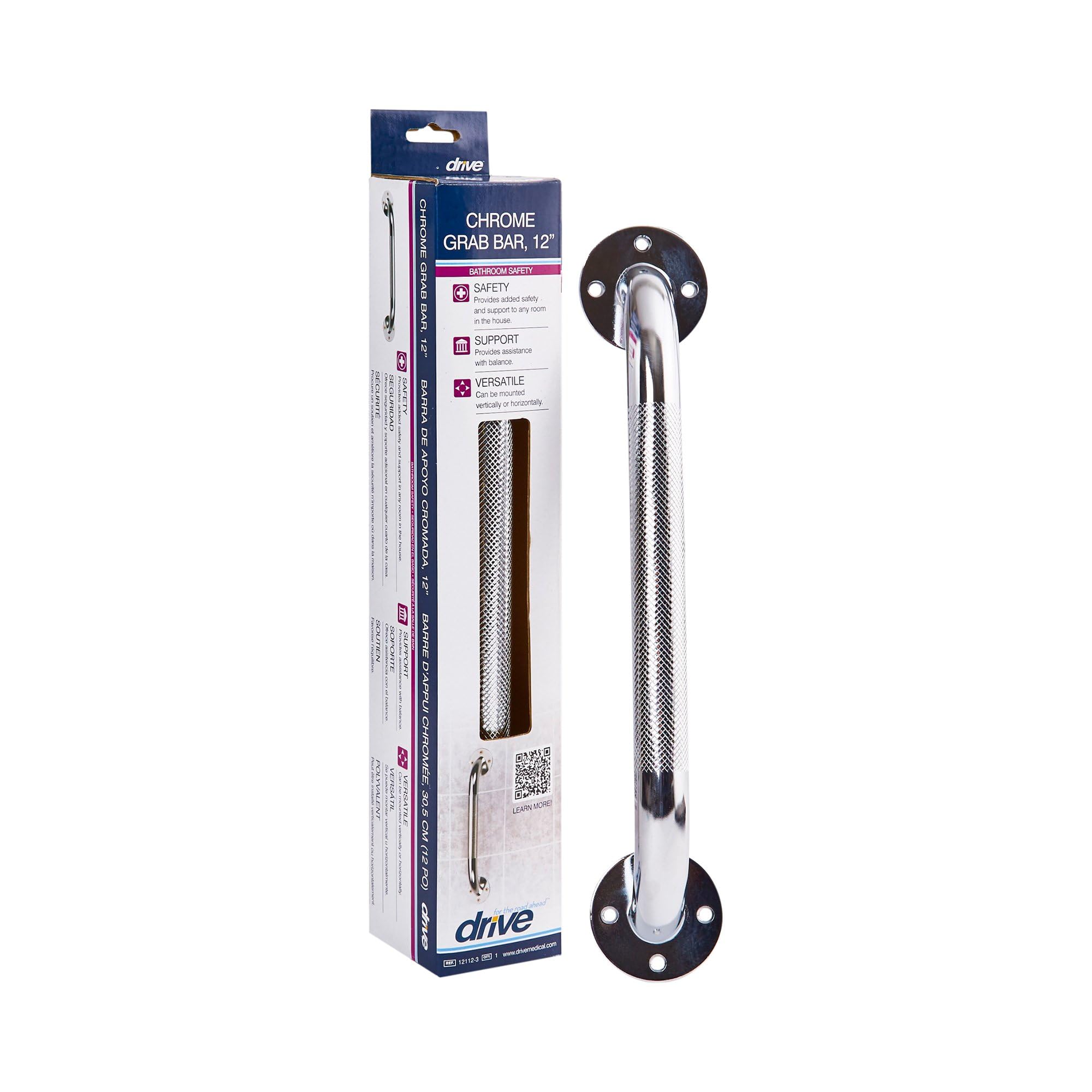 Drive Silver Knurled Steel Wall Grab Bar 12" L 12112-3, 3 Ct