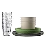 Koziol Connect Geschirr Set Bergen 16-teilig aus Organic Bio-Circular in der Farbe Nature Desert Sand-Grey-Nature Green, Maße: 25,7cm x 25,7cm x 29cm, 7878279