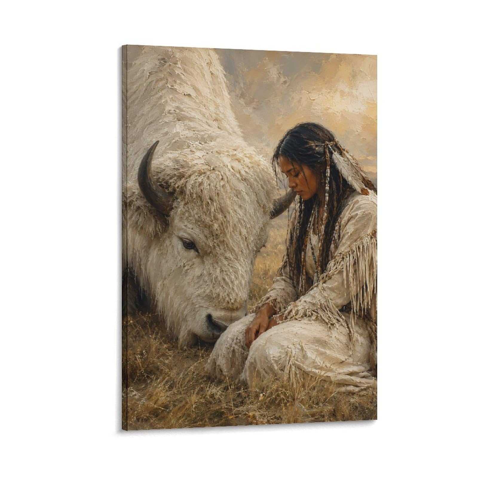 W7C8U2X3 White Buffalo Woman Portrait Canvas Wall Art, Rustic Western