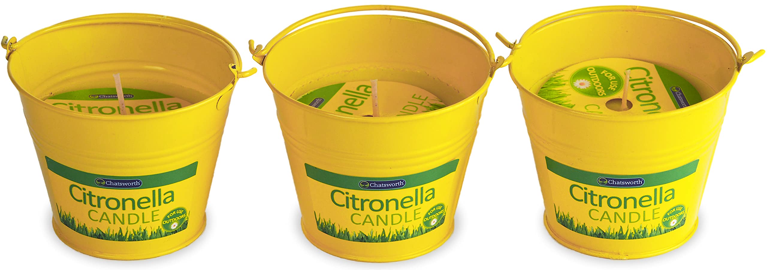 Chatsworth Yellow Set Of 3 Outdoor Garden Citronella Candles In Tin Buckets