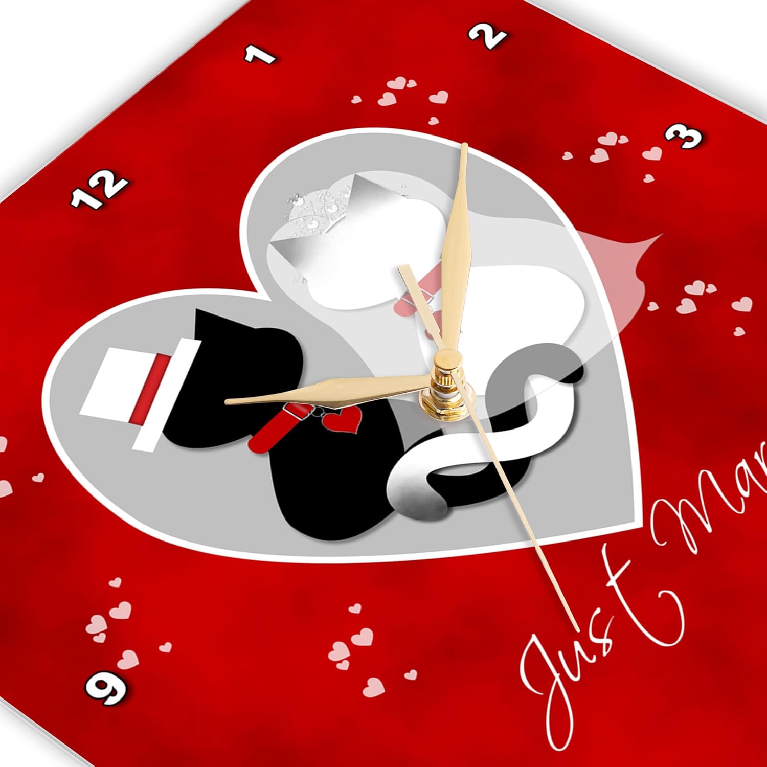 3dRose Wall Clock Silent - 13 inch - Red Marbled Just Married Black and Siamese Kitty Cats Wedding Couple - CW Designs - Just Married