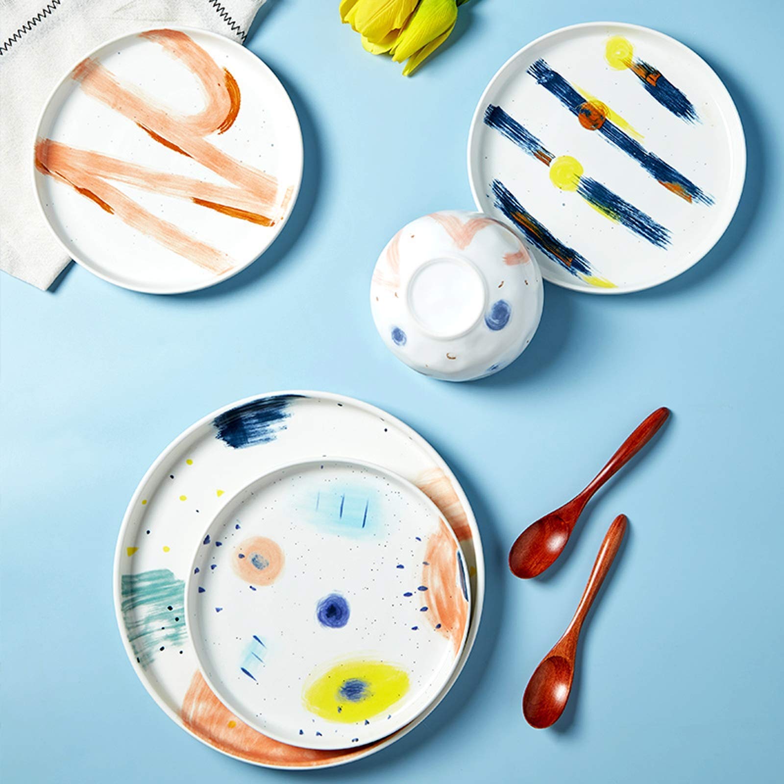 Zastawa stołowa z chipami, Zestaw zastawy kuchennej, Zestawy obiadowe z ceramiki, 26-częściowy zestaw porcelanowej zastawy stołowej Starry Sky | Miska na płatki zbożowe i talerz na steki