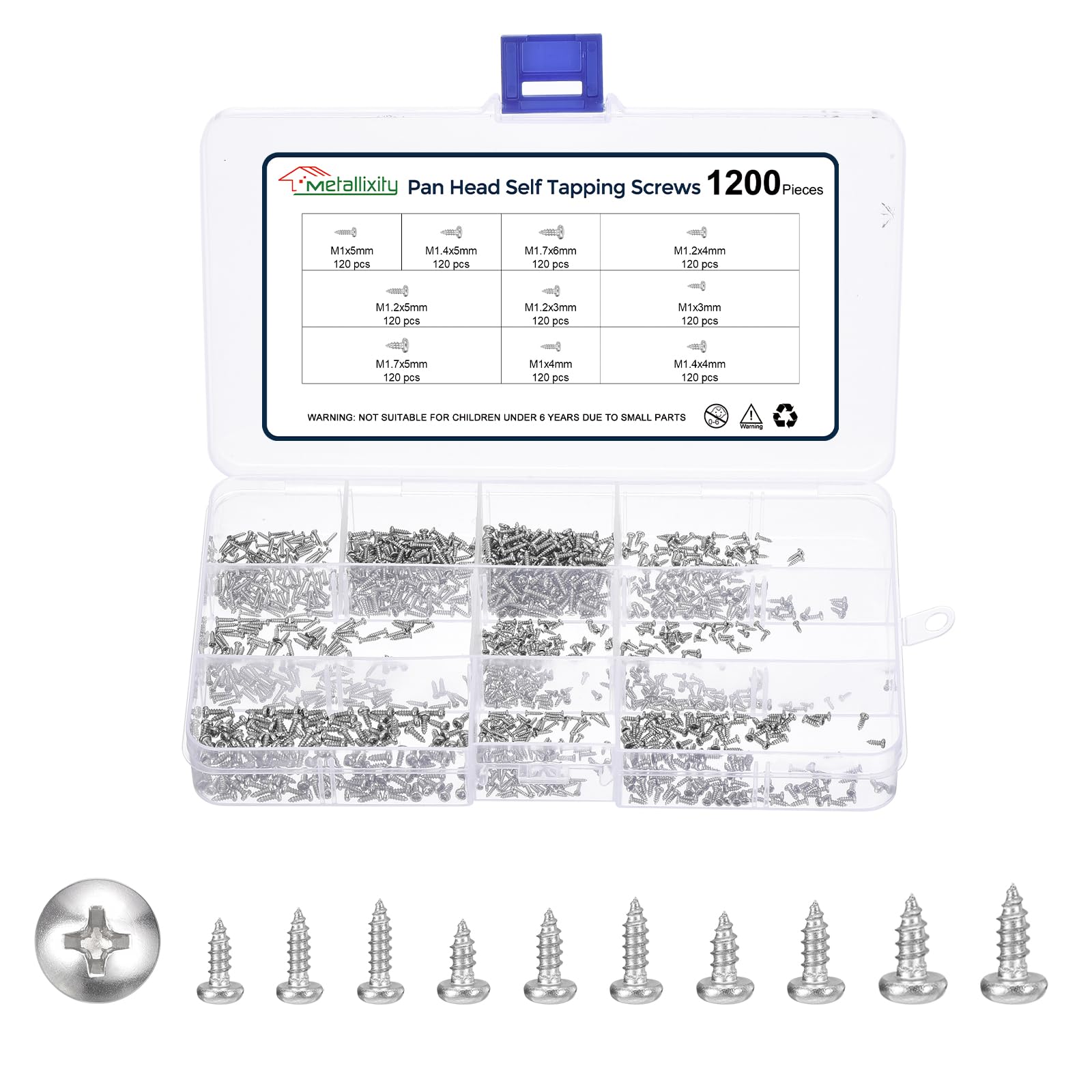 METALLIXITY Phillips Pan Head Self Tapping Screws(M1/M1.2/M1.4/M1.7) 1200Pcs, Carbon Steel Self Drilling Screw Assortment Kit for Metal Wood Plastic, for Cabinet Wall Shutter Plate, Silver — image 1