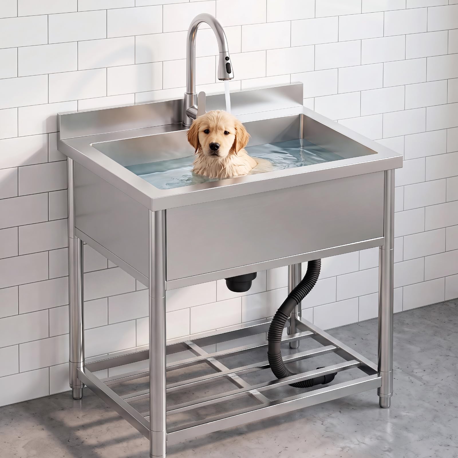 70cm Gran Fregadero de Acero Inoxidable Independiente con Grifo | Fregadero de Cocina Comercial, Fregadero de Inox para Exterior, Cocina, Lavadero, 57 x 90 x 94 cm