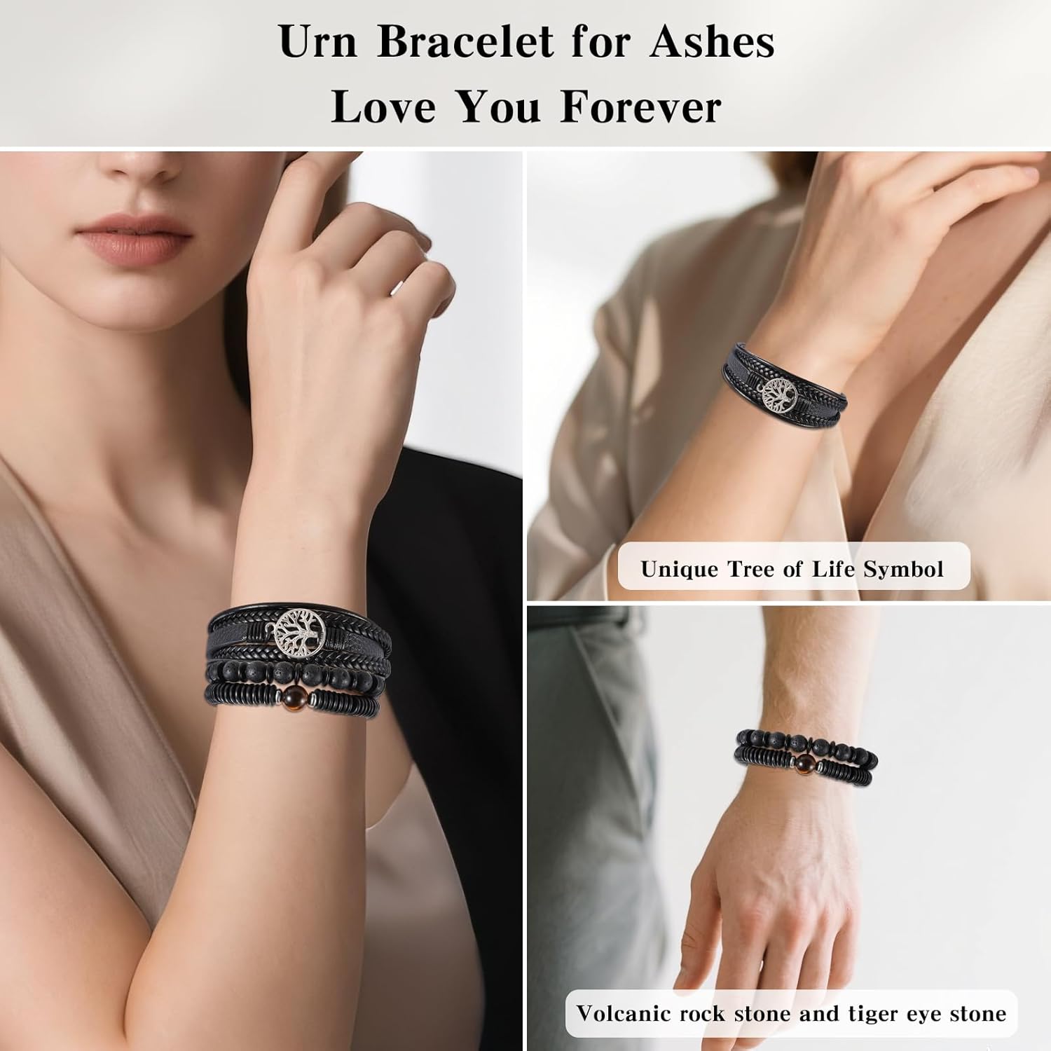 Boho Leather Cremation Jewelry for Ashes Tree of Life Beaded Urn Bracelet for Human Ashes Stainless Steel Ashes Keepsake Memorial Bracelet - Image 4