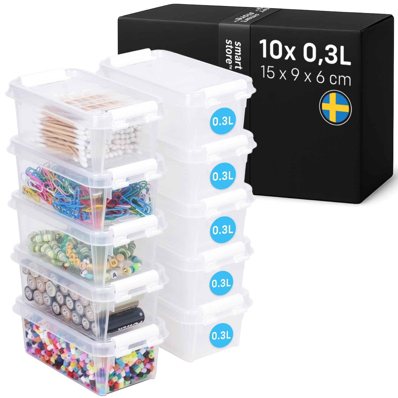 SmartStore Mini Scatole Portaoggetti 0,3L – Set da 10 – Scatoline Molto Piccole con Coperchio – L15 x P9 x A6 cm – Impilabili e sovrapponibili– Senza BPA - Sicure per alimenti – 10 Anni di Garanzia