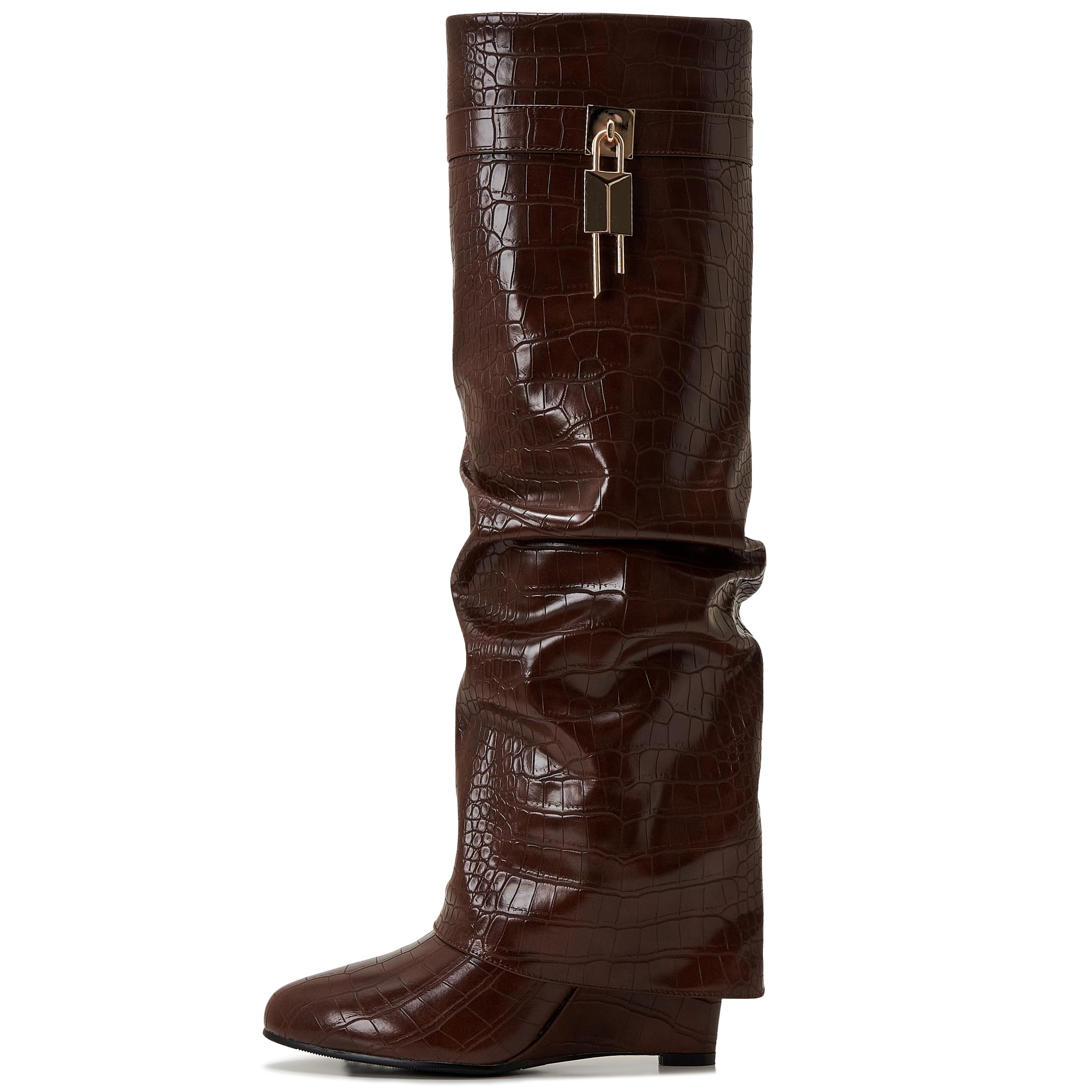 Women's Fold Over Knee High Shark Boots Wedge Heel Side Zipper