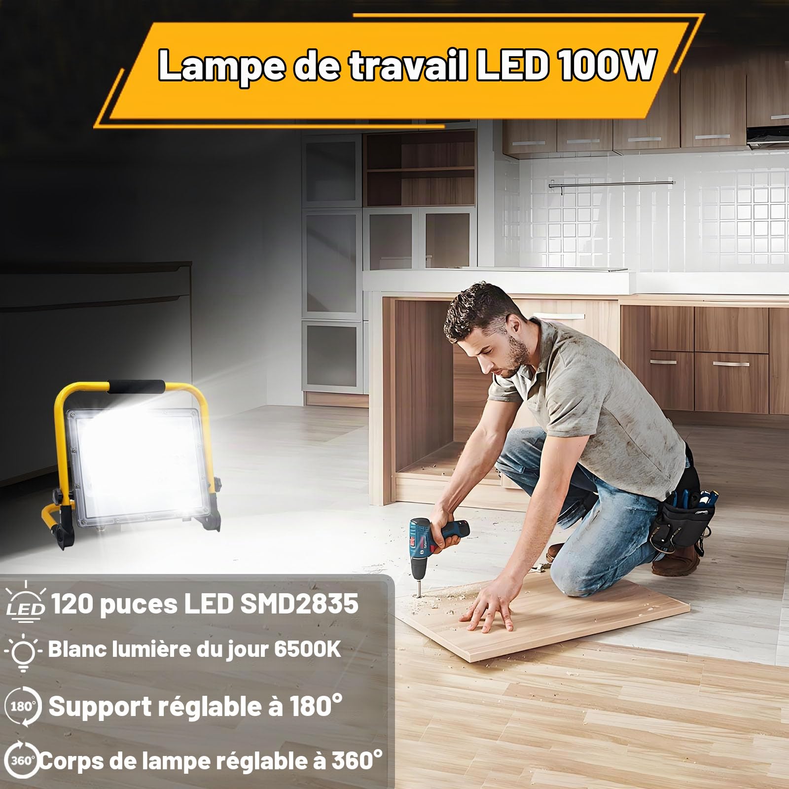 100W Projecteur LED Chantier avec 2M Câble, Tkdaksy Lampe Chantier avec Prise, Projecteur Chantier Led Lampe 10000LM, IP66 Étanchéité, 6500K,Support Pliable Portable, pour Ateliers, Chantiers, Garages
