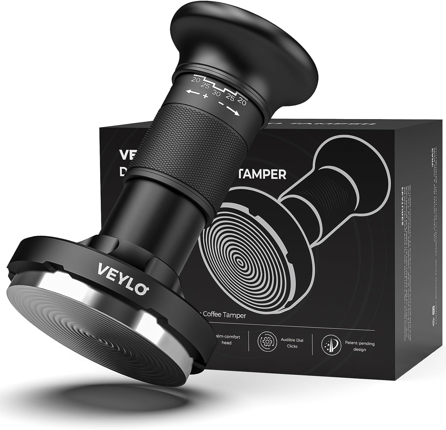 VEYLO 54mm Espresso Tamper (53.3mm Base), Adjustable 20-30 lb Coffee Tamper with Audible Click Feedback, 24-Click Precision Dial, 20/25/30 lb Marks, No Spring Swap, Stainless Steel Flat Base, Black