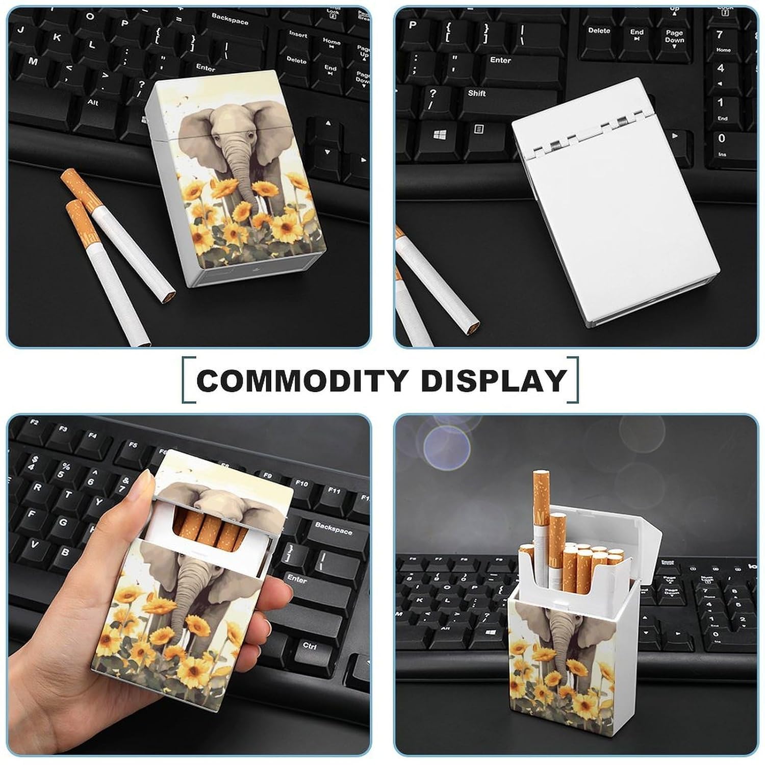 Elephant and Sunflower Cigarette Case with Switch Flip Closure, Cigarette Holder Case for Men Women, Cigarettes Smoking Accessories, Plastic Box for Smoke, Cigarette Hard Box Holder