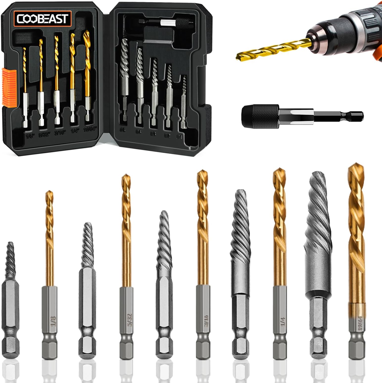 Coobeast 11Pcs Screw Extractor Set, Left Hand Drill Bit and Bolt Extractor Kit Easy to Remove Stripped Broken Damaged Screw Bolt and Nut Out, Reverse Drill Bit Extractor Set with Sturdy Case