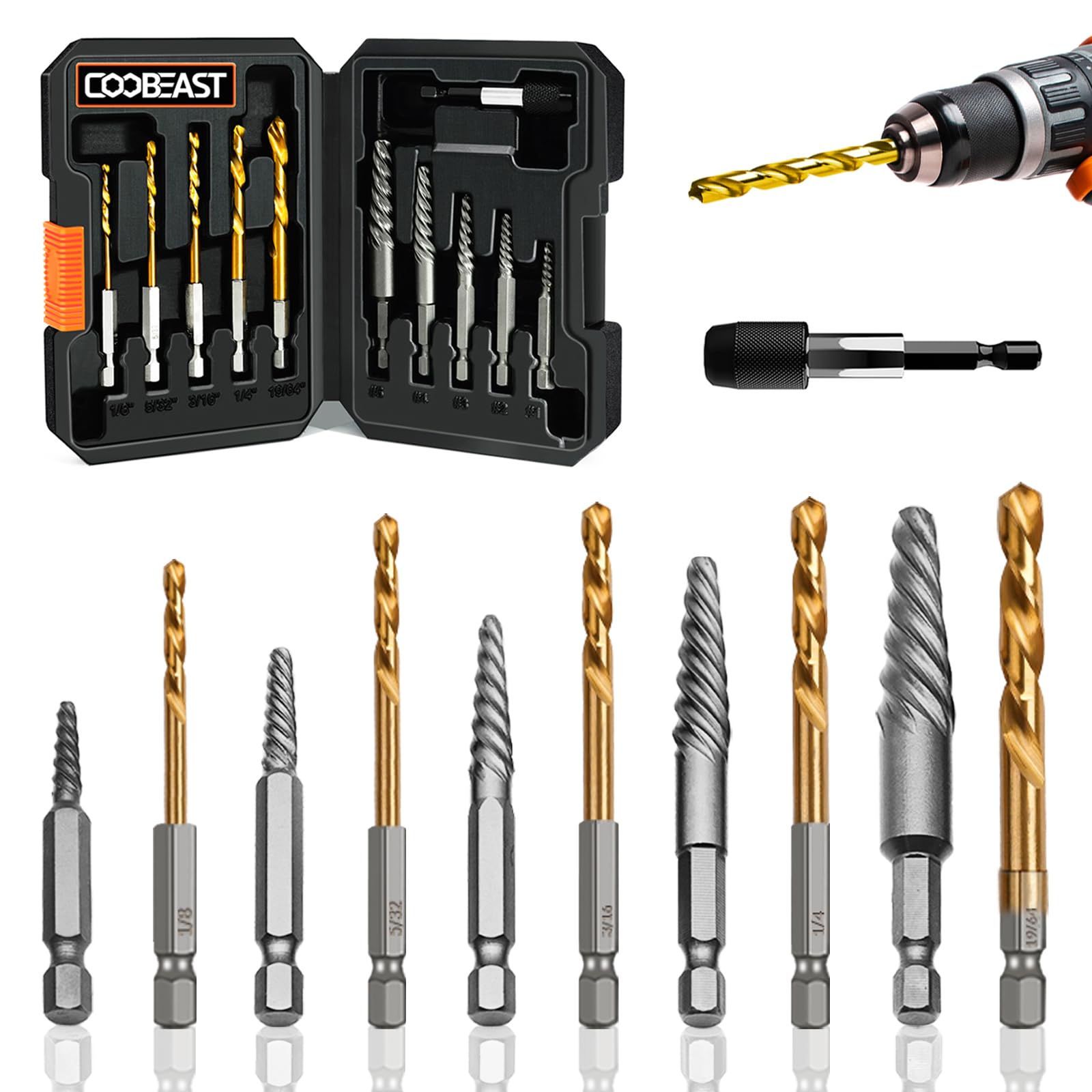 Coobeast 11Pcs Screw Extractor Set, Left Hand Drill Bit and Bolt Extractor Kit Easy to Remove Stripped Broken Damaged Screw Bolt and Nut Out, Reverse