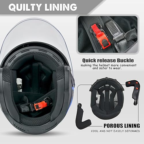 Miniatura 5 de Casco de motocicleta, casco de motocicleta para adultos, doble visera, personalidad de moda para hombres y mujeres, aprobado por DOT (M, azul)