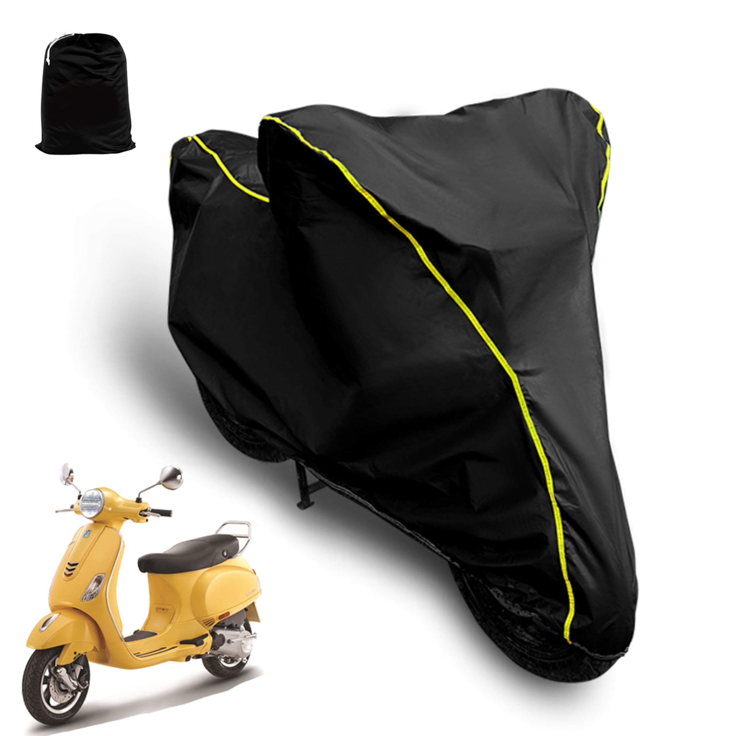 AUTOCOZEN Waterproof Scooty Cover Compatible with Vespa Vxl 125 Bs6 Cover with All Weather Protection and Triple Stitch, Heavy Buckle with Storage Bage & Black with Yellow Piping-image-6