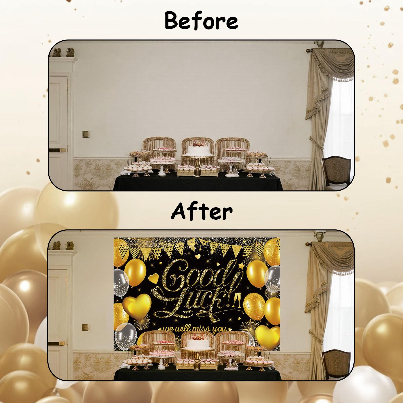 VGRDTW Retirement Decorations, Sorry Your Leaving Decorations, Good Luck Banner, Black & Gold Farewell Party Backdrop Decor - Image 2