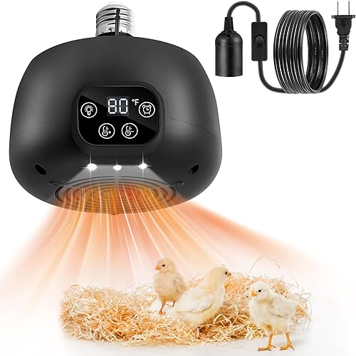 Chicken Coop Heater, 200W Chicken Heater with Lighting and Temperature Control, Heating Lamp with Digital Display, 5Ft Cable Brooder Lamp for Reptiles/Duck/Lizard（Remote not Include）