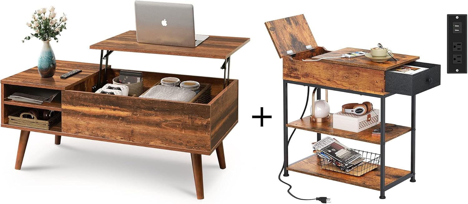 WLIVE Coffee Table and End Table Set, Retro Brown, Rustic Brown : Home & Kitchen