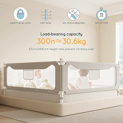 Miniatura 5 de Barandilla de cama de tamaño Queen para niños pequeños barandilla de protección de 3 lados para cama Queen - Protectores laterales de seguridad para