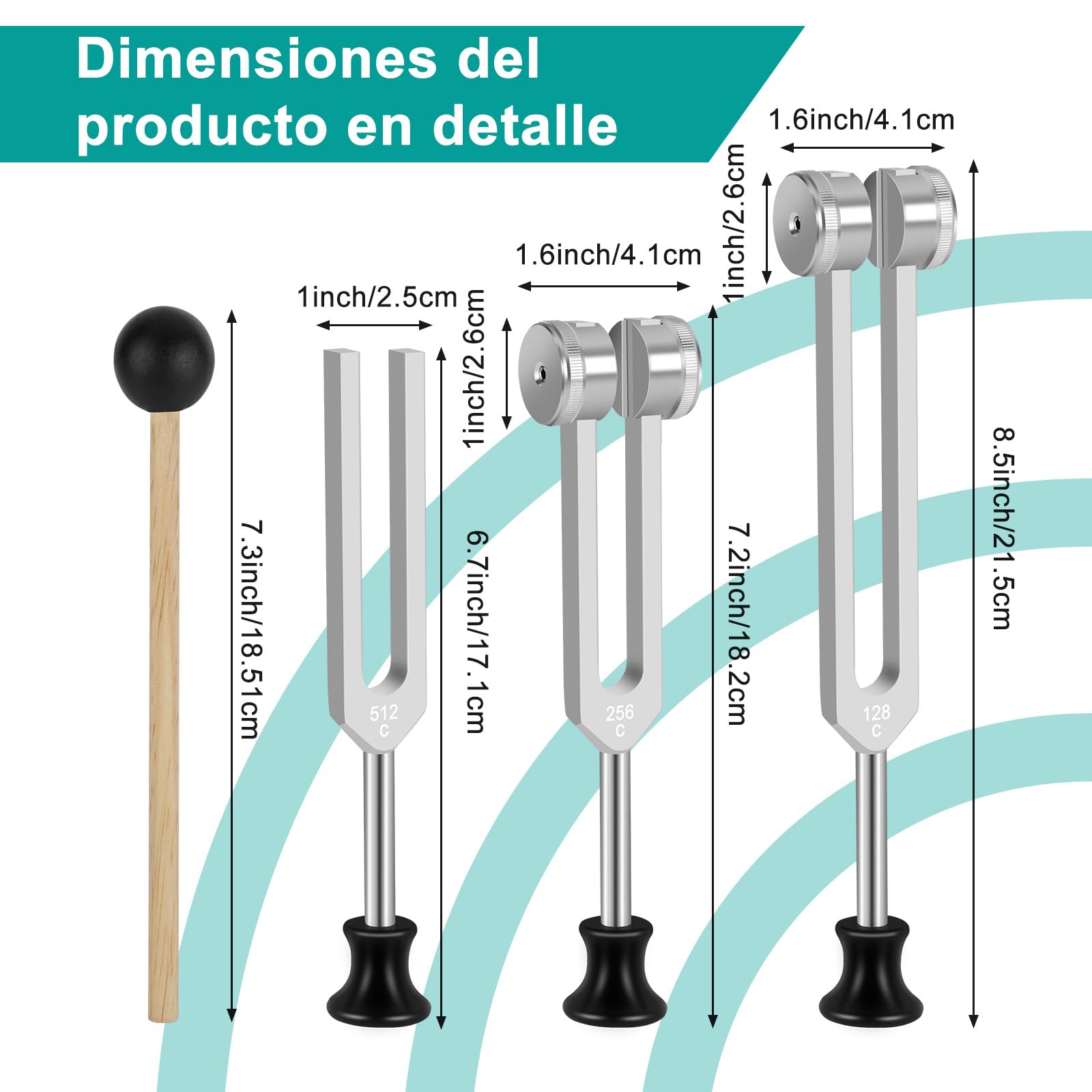POFIBO Set de Diapasón Terapéutico (128Hz/256Hz/512Hz) – Diapasón Set para Terapia de Frecuencia, Relajación, Yoga y Meditación (con Martillo y Bolsa)