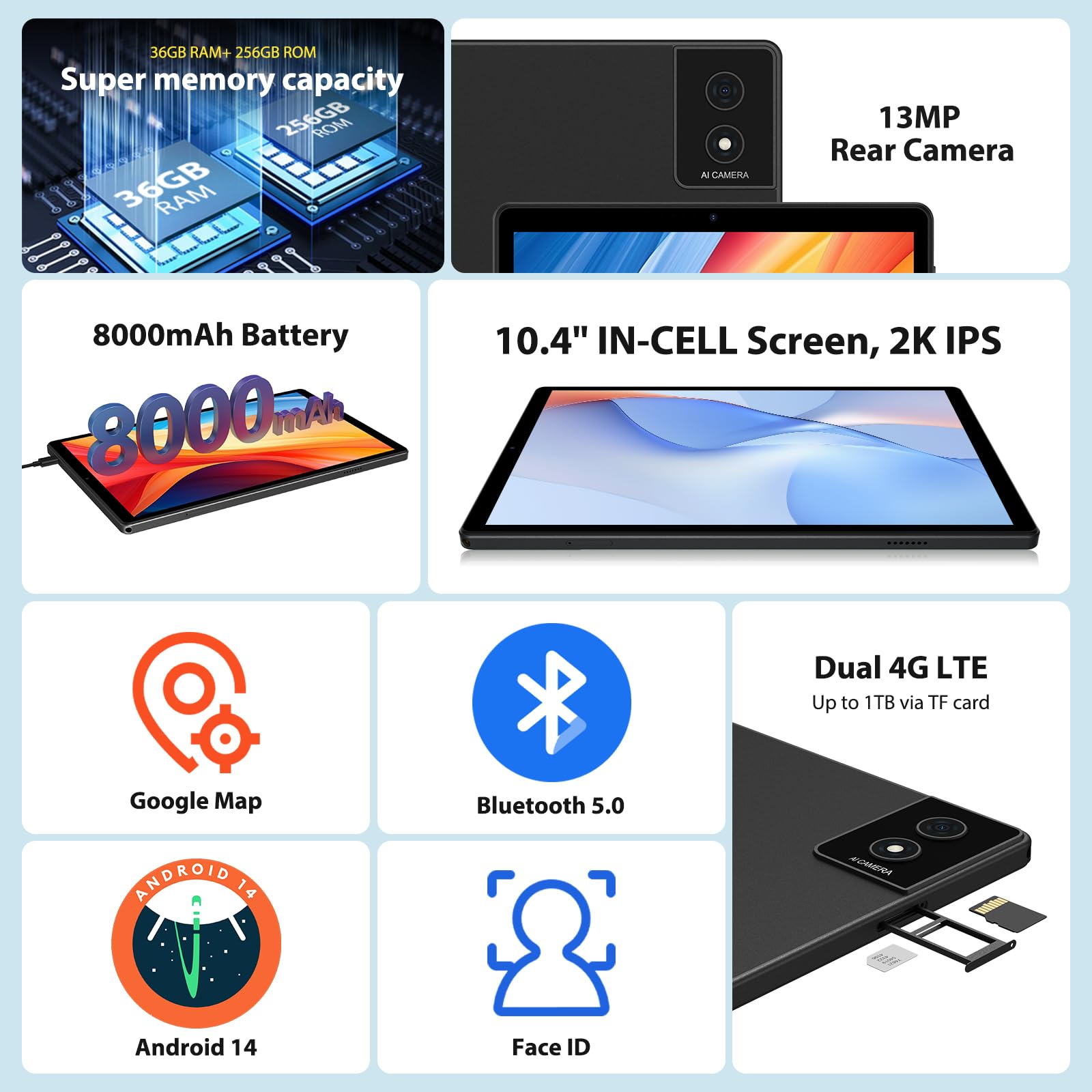 WOREGOO 2K Tablet 10.4 Pollici Android 14, 4G LTE+5G WiFi, 36GB RAM+256GB ROM(TF 1TB), Octa-Core 2.0Ghz, 2000 * 1200/Face ID/8000mAh/OTG/8MP+13MP/BT5.0/GPS/GMS, Tablet con Tastiera e Mouse, Nero