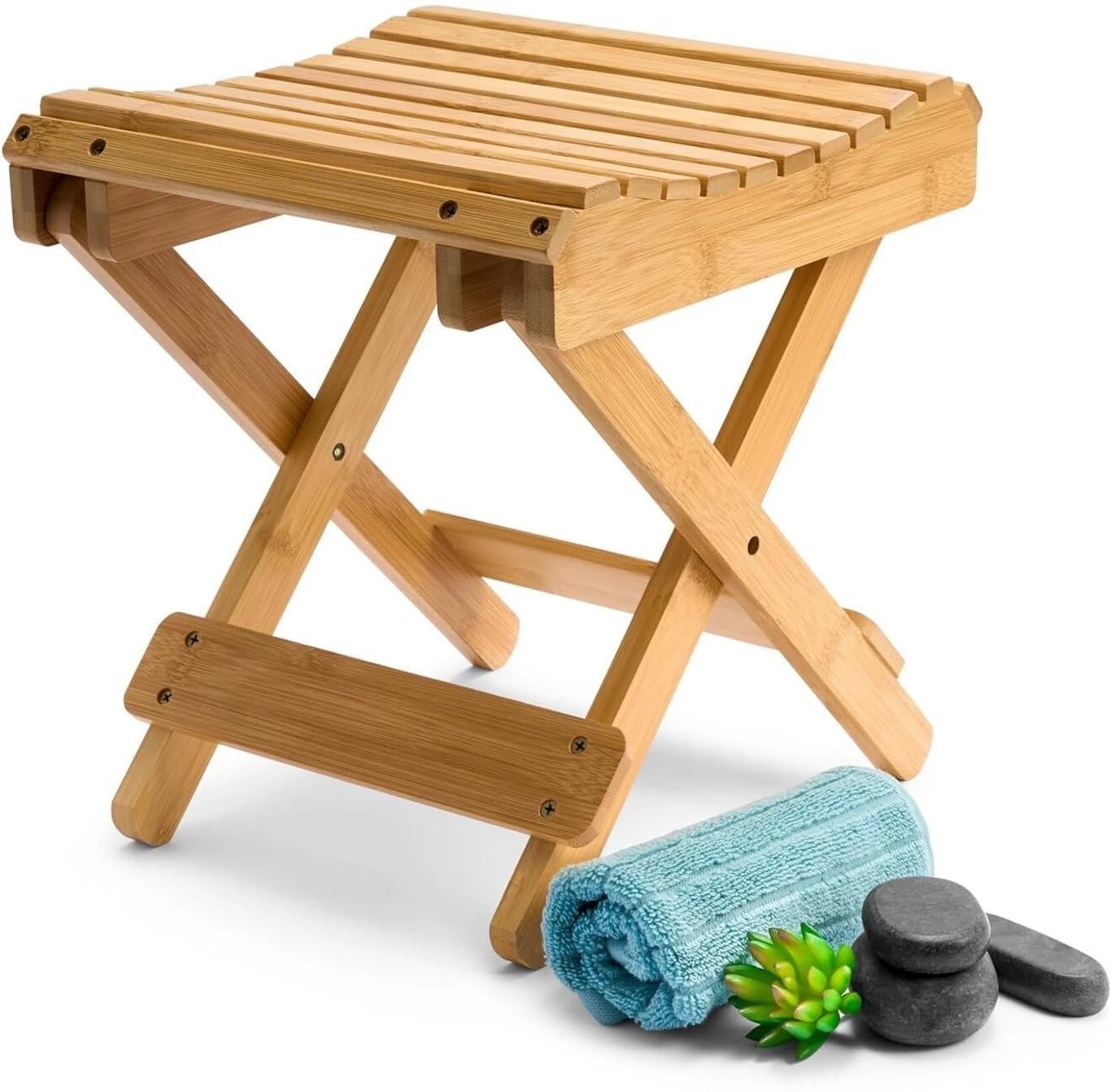 BuenoVida Bamboo Folding Stool Side Coffee Table, 28 x 28 x 33 cm | Foldable Design, Slatted Top-image-25