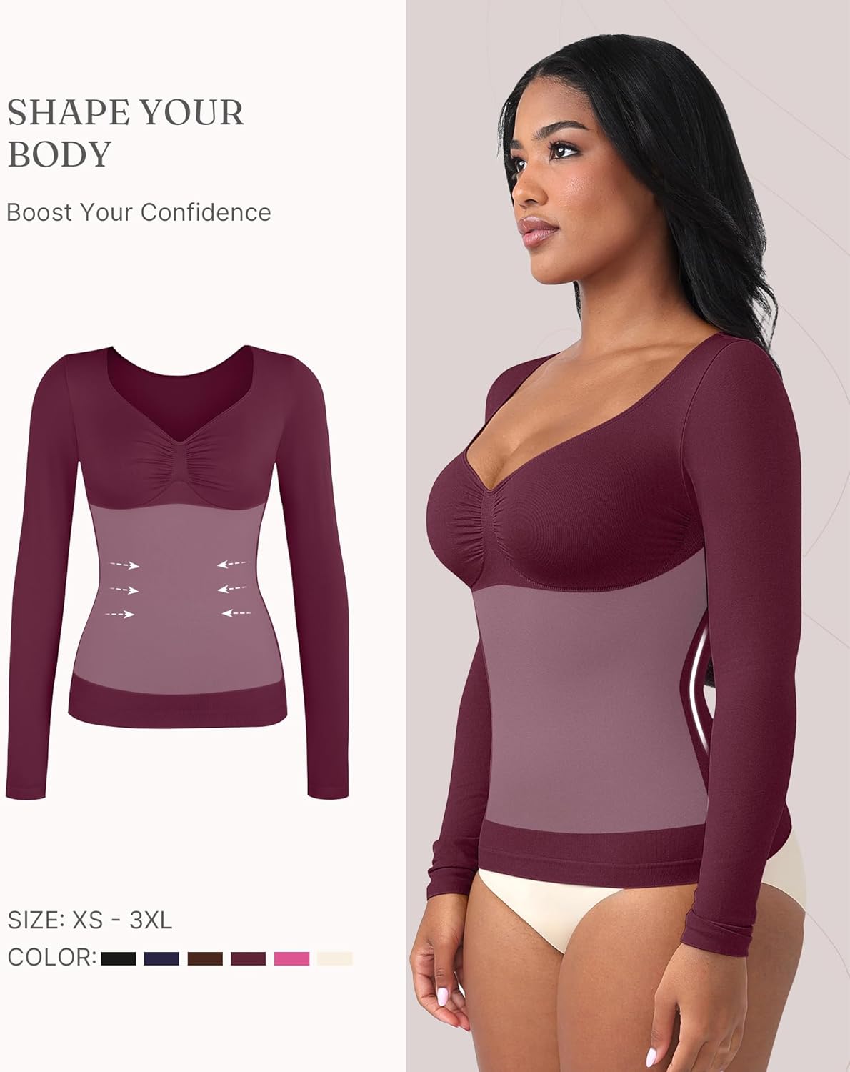 FeelinGirl Womens Shapewear Tummy Control Tops: Long Sleeve Compression Shirts for Women Slimming Body Shaper V Neck Shirt - Image 2