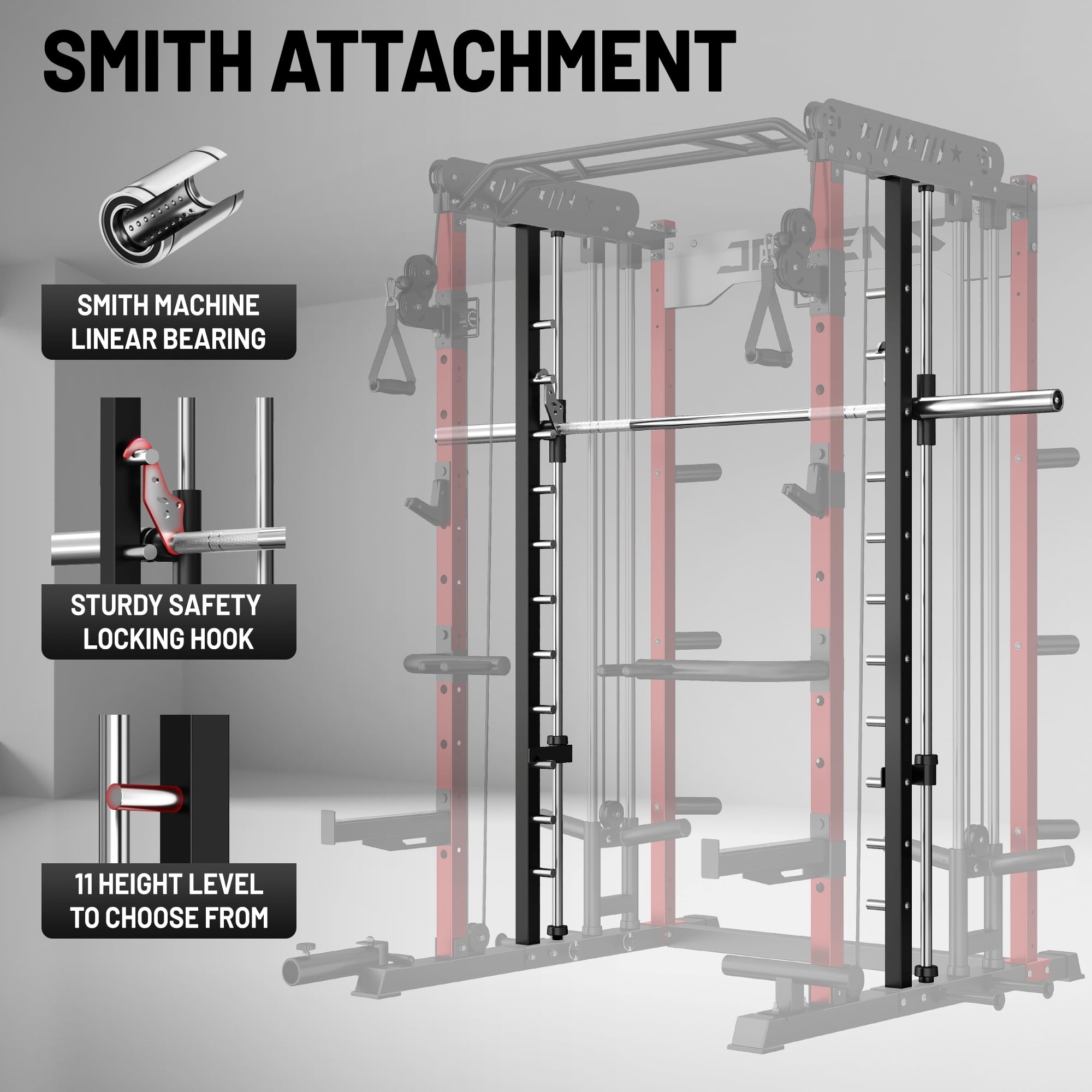 Smith Machine for Home Gym, Multi-Function M12 Power Cage with Cable Crossover System, Squat Rack with Smith Bar and More Attachment