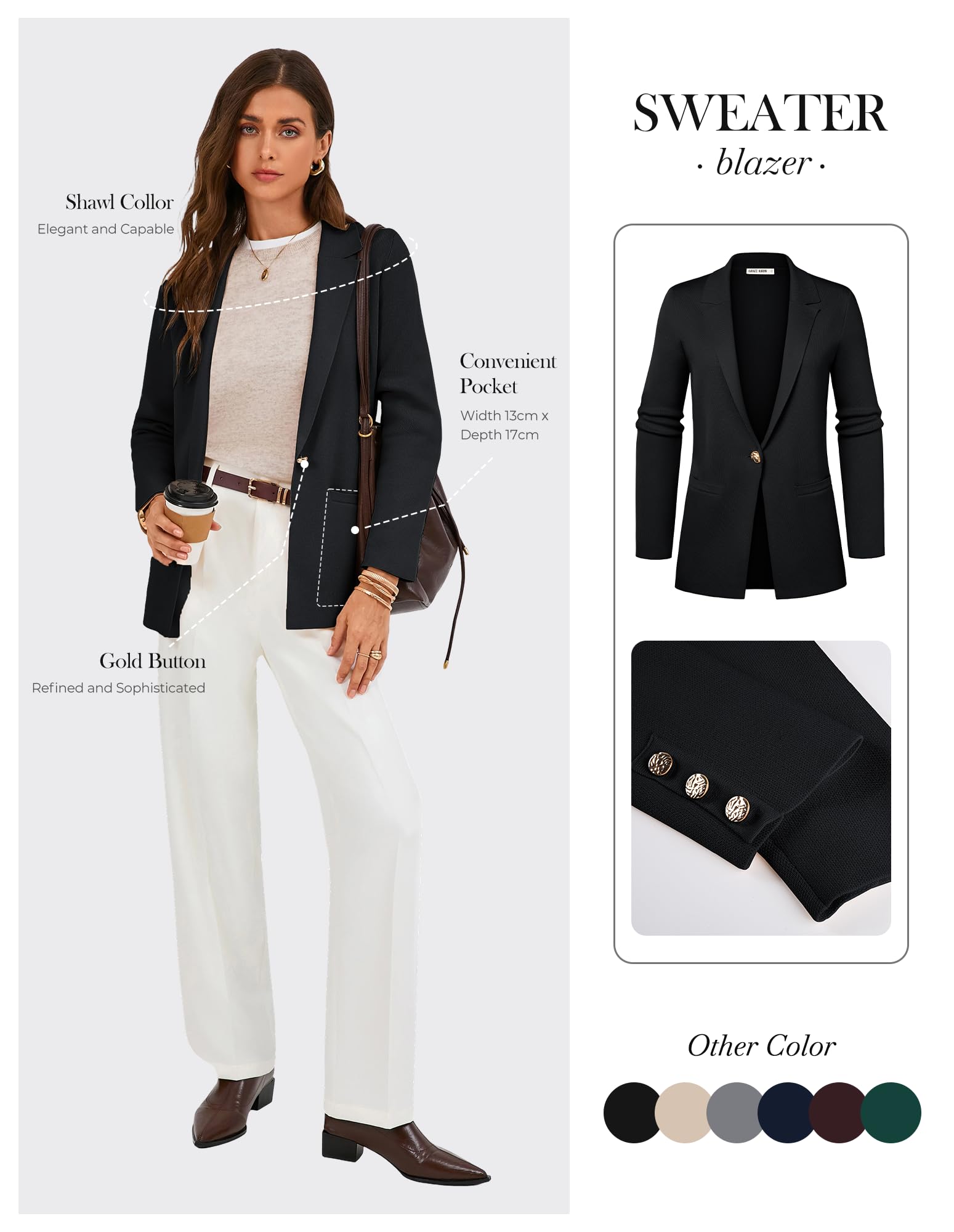 GRACE KARIN Cardigan élégant et décontracté pour femme - Manches longues - Avec boutons et poches