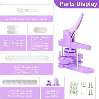 Badge Maker Button Machine 25+32+58 mm Pin Maker Machine 300 Plastic Badge Sets DIY Badge Press Machine with Molds & Round Paper Cutter (Purple)