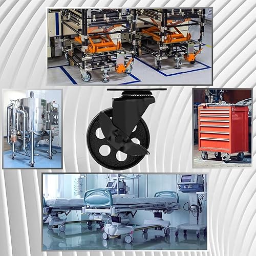 Miniatura 6 de FactorDuty - 4 ruedas giratorias de metal negro con placa giratoria con bloqueo de freno, resistente, de acero de alto calibre (4" con freno)