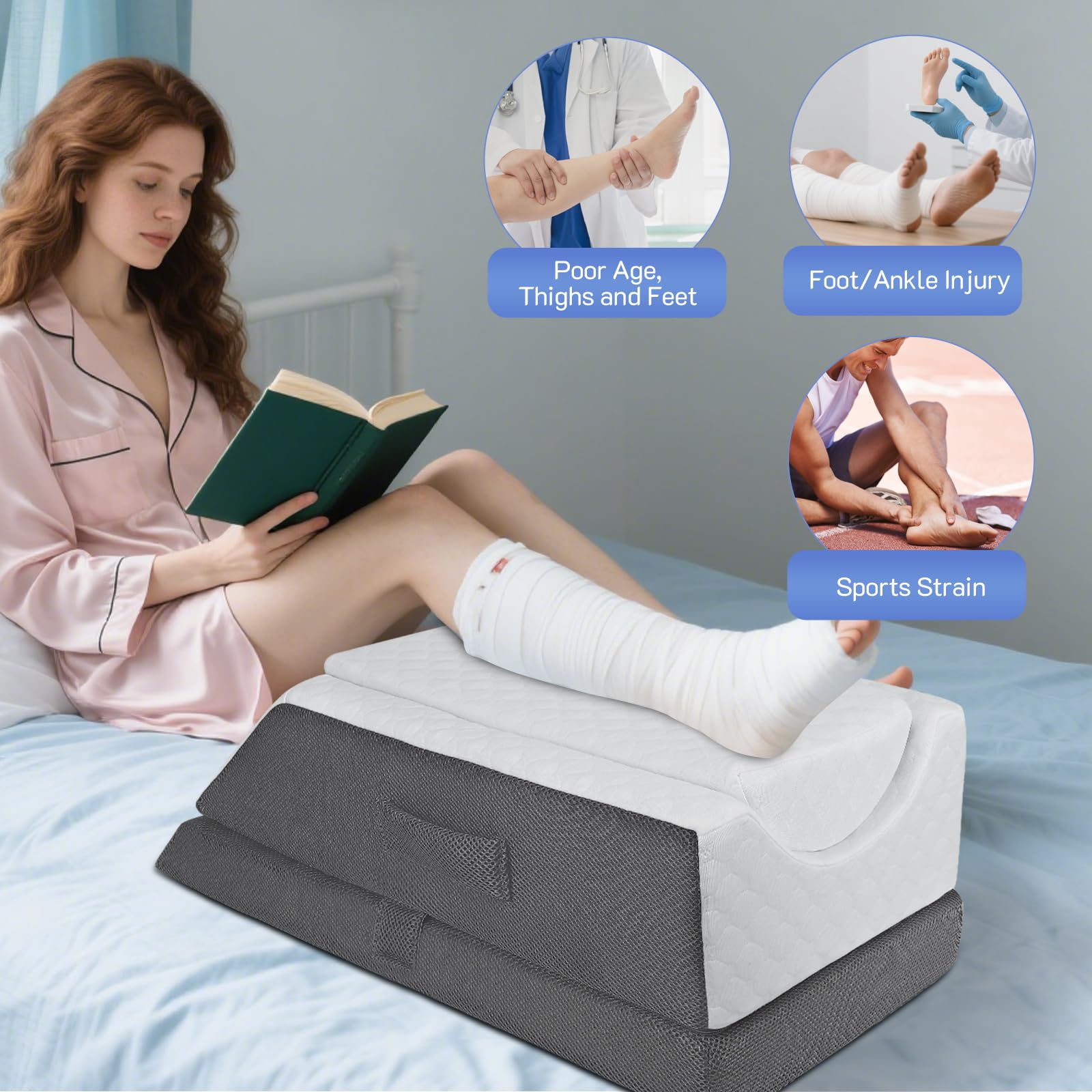 Almohada para piernas de espuma viscoelástica con forma de U ergonómica para hinchazón, dolor de rodilla y recuperación postoperatoria, diseño de 45°, base antideslizante