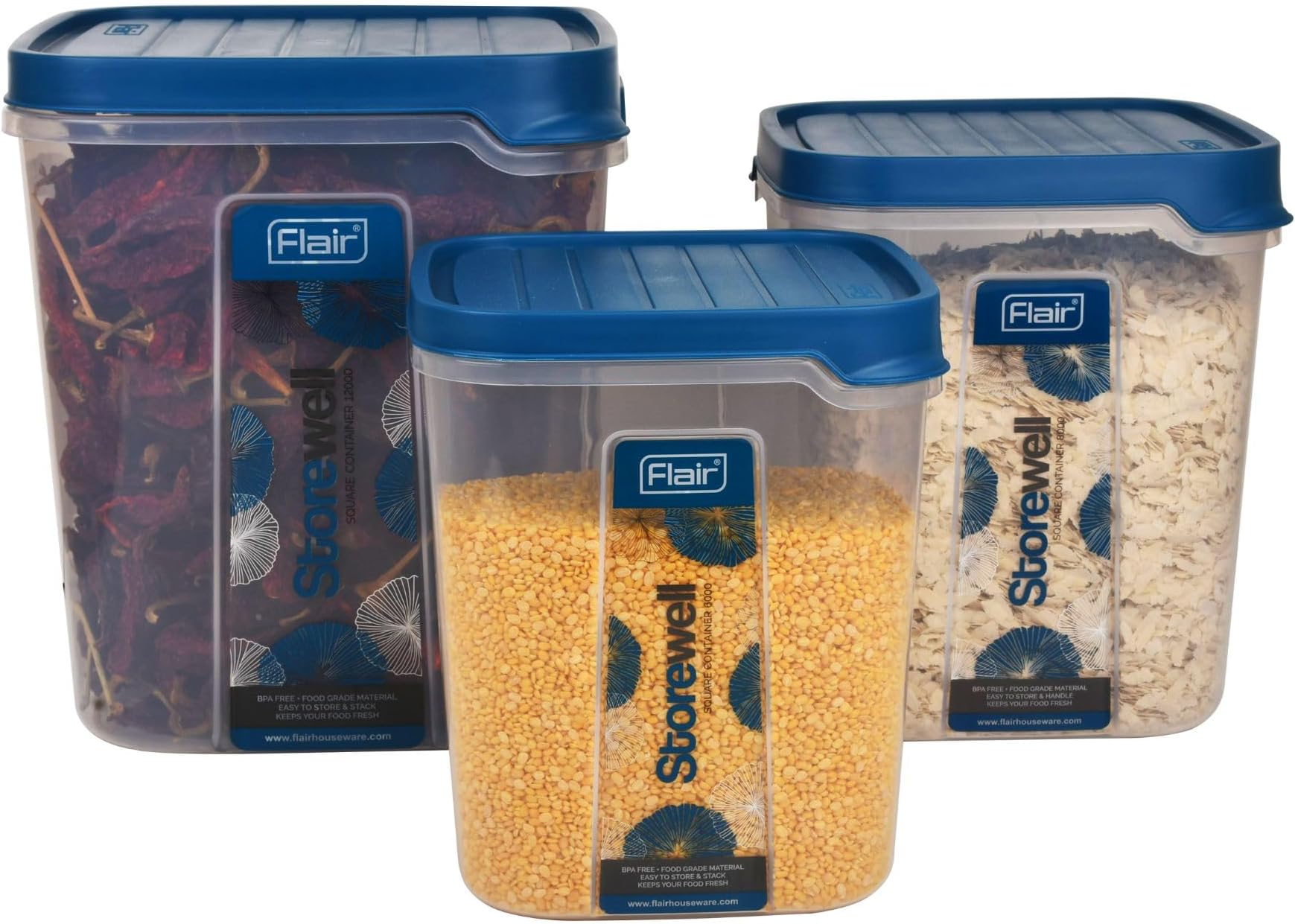 FLAIR Plastic Storewell Square Food Storage Containers Set Of 3 (6L, 8L, 12L)- Blue, Air Tight Containers For Kitchen Storage Ideal Kitchen BoXFor Rice, Atta And Grains, Bpa-Free, Food Grade