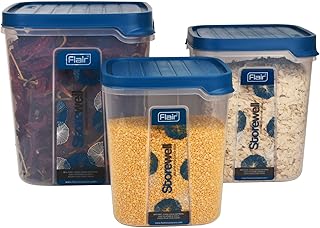 FLAIR Plastic Storewell Square Food Storage Containers Set Of 3 (6L, 8L, 12L)- Blue, Air Tight Containers For Kitchen Stor...