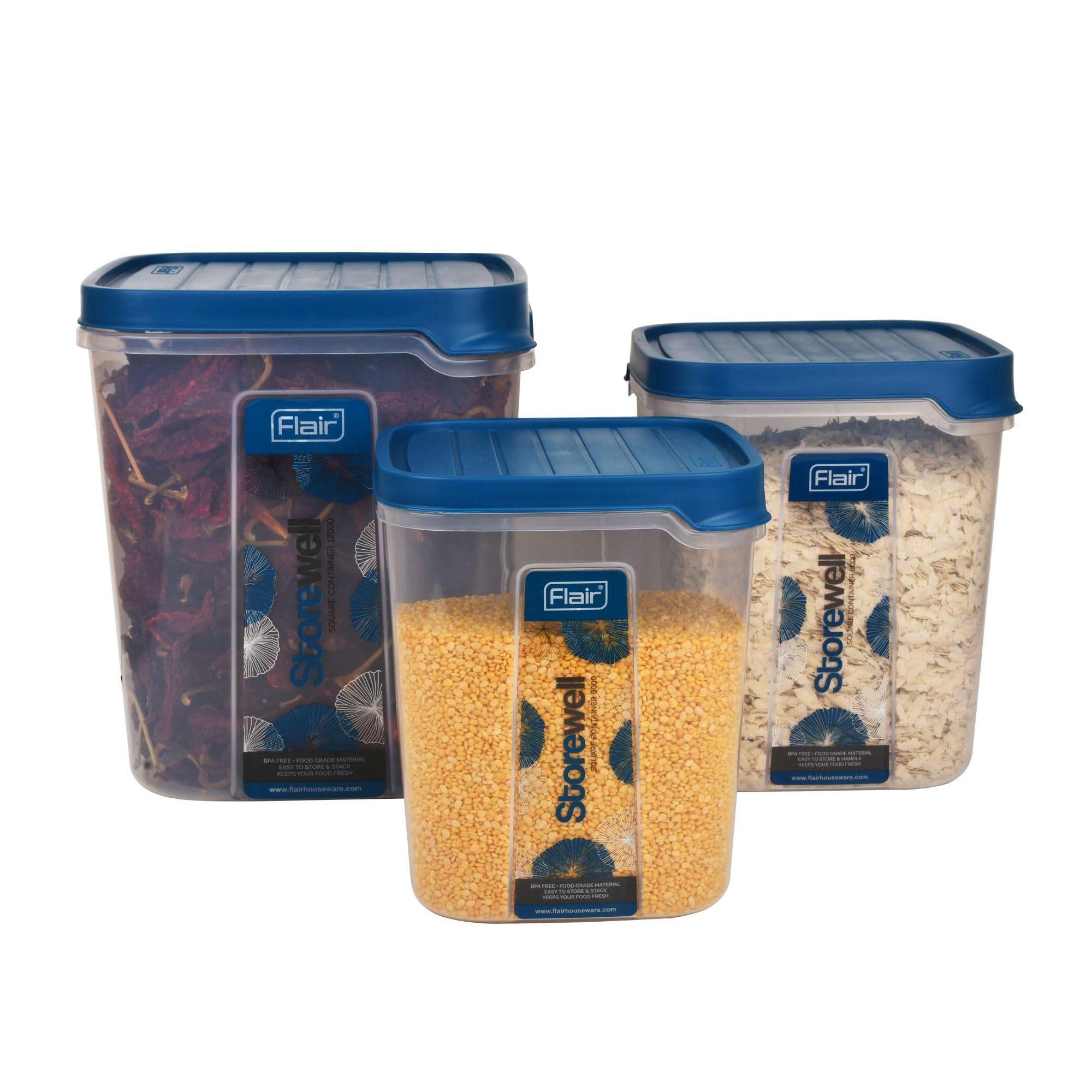 FLAIR Plastic Storewell Square Food Storage Containers Set Of 3 (6L, 8L, 12L)- Blue, Air Tight Containers For Kitchen Storage Ideal Kitchen BoXFor Rice, Atta And Grains, Bpa-Free, Food Grade