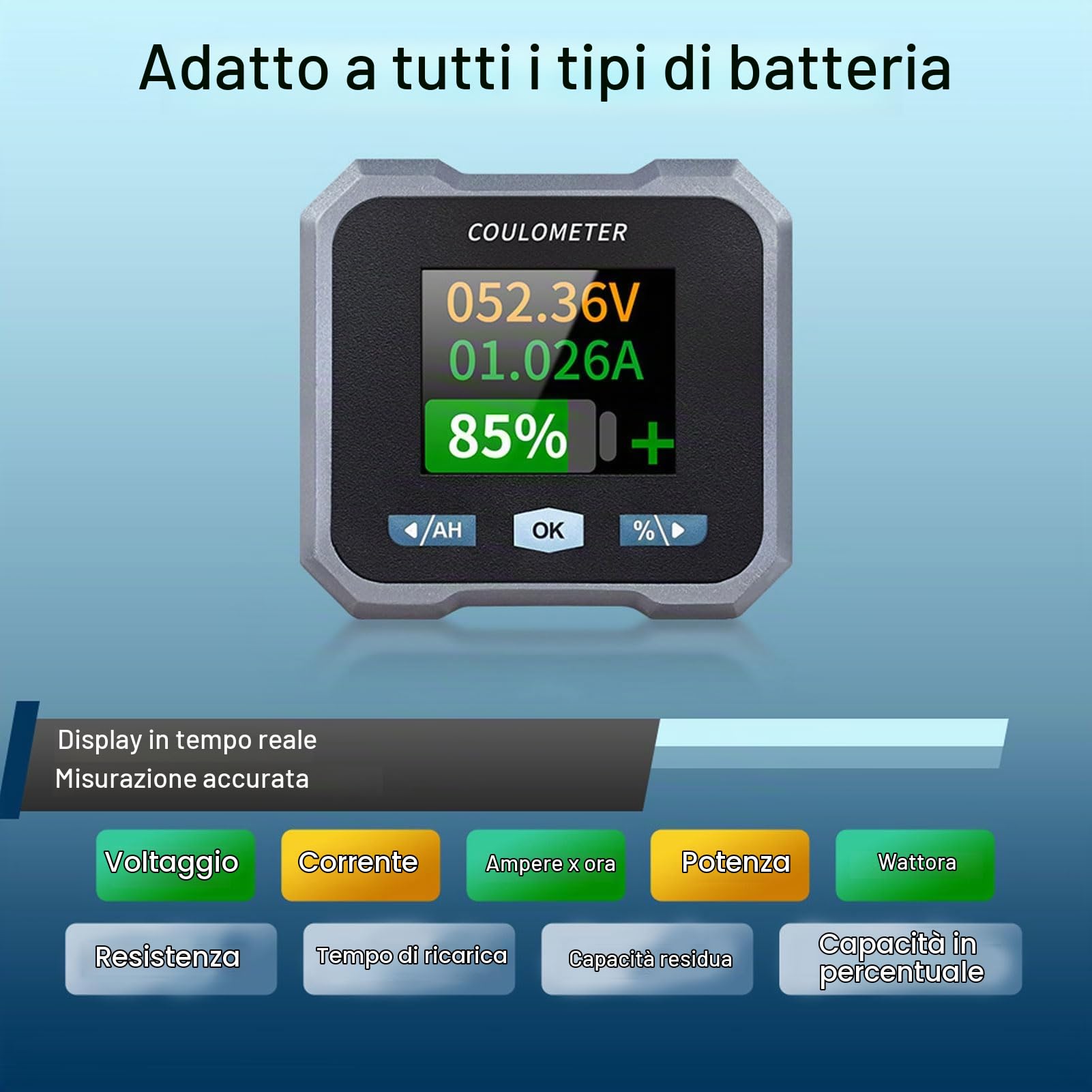 Monitor Batteria con Shunt, Display LCD 1,8 Pollici Voltmetro Amperometro Bluetooth, per Acido 10-100 V 50 A, Batteria Lifepo4 e Al Litio, Moto, Carrello