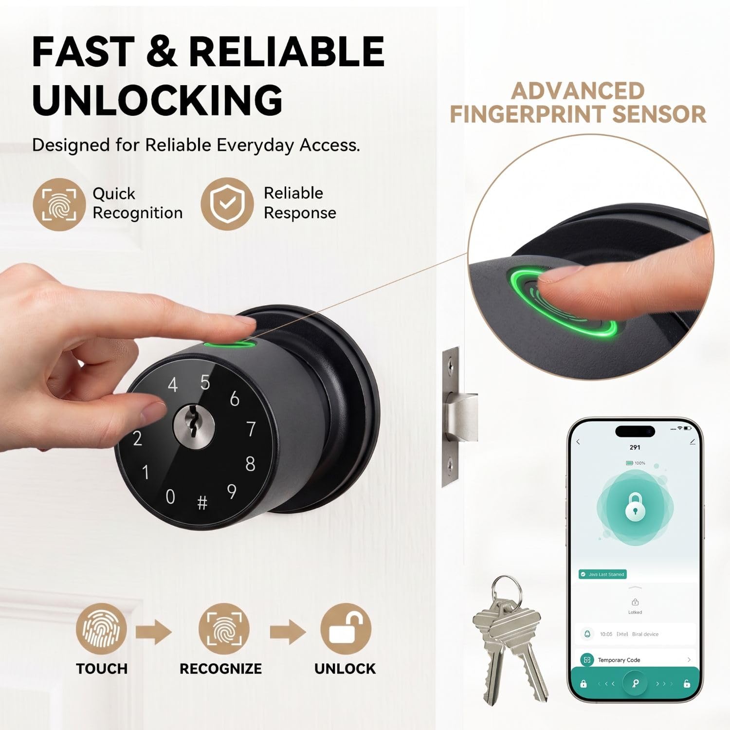 Smart Fingerprint Door Knob - Keypad & App Control -2