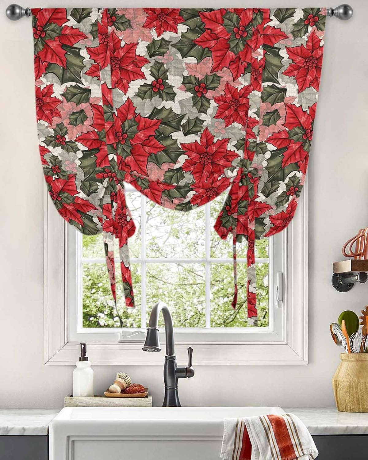 Tie Up Curtains for Kitchen Windows,Christmas Green Red Plant Floral Adjustable Balloon Shade Curtain Panel Rod Pocket Drapes for Small Window Decor 52"Wx63"L,Country Flower Winter Poinsettia
