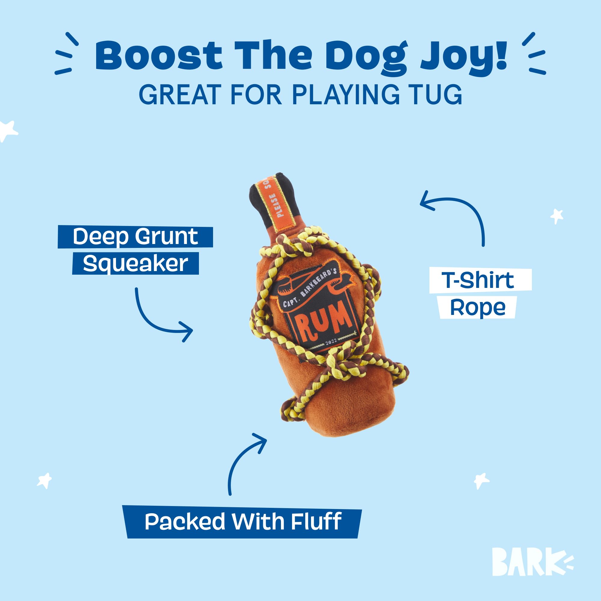 BARK Dog Toy Barkbeard's Rum Squeaky Toy for Dogs Plush Bottle Design With T-Shirt Rope For Tugs of Fun, Brown, All Sizes - Image 2