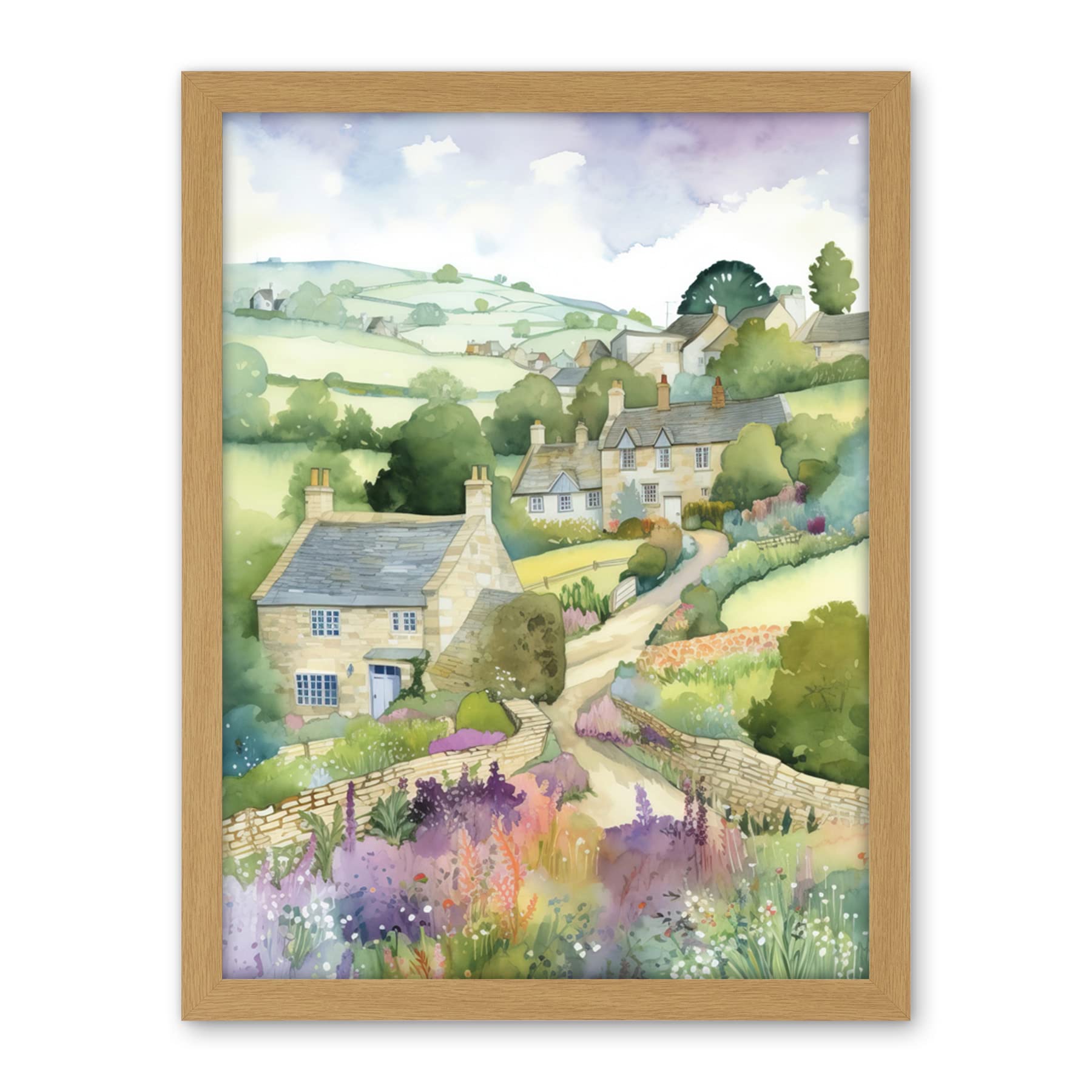 Artery8 Countryside Spring Landscape with Cottages Modern Watercolour Painting Artwork Framed Wall Art Print 18X24 Inch