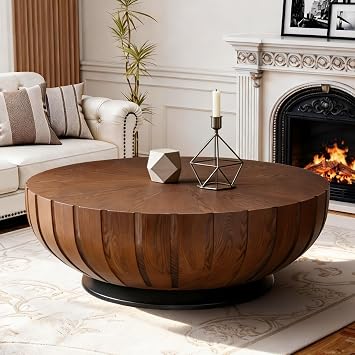 Round Drum Coffee Table, Mid Century Modern Two-Tone Center Table