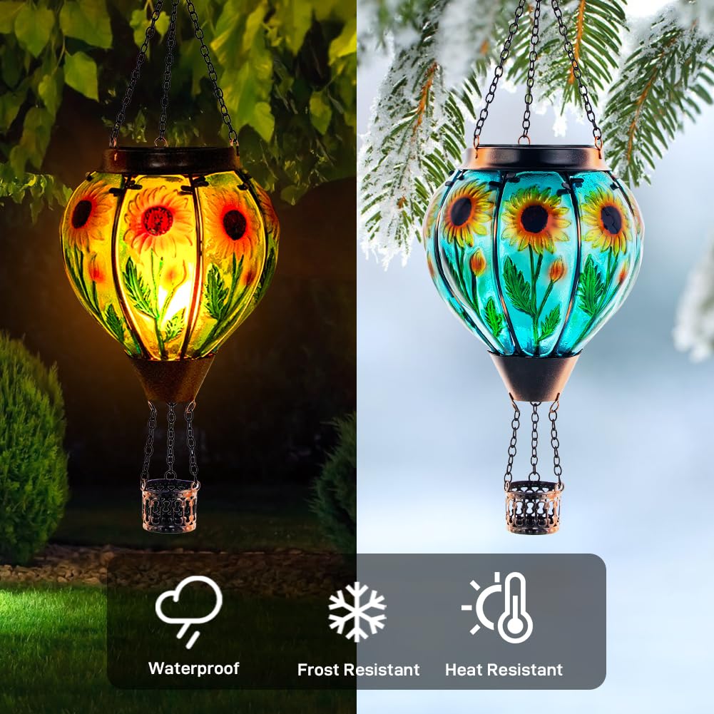 Starsoul 2 pz girasoli mongolfiera lanterna solare con fiamma vetro appeso all'aperto mongolfiera luce solare impermeabile giardino patio cortile decorazioni per feste