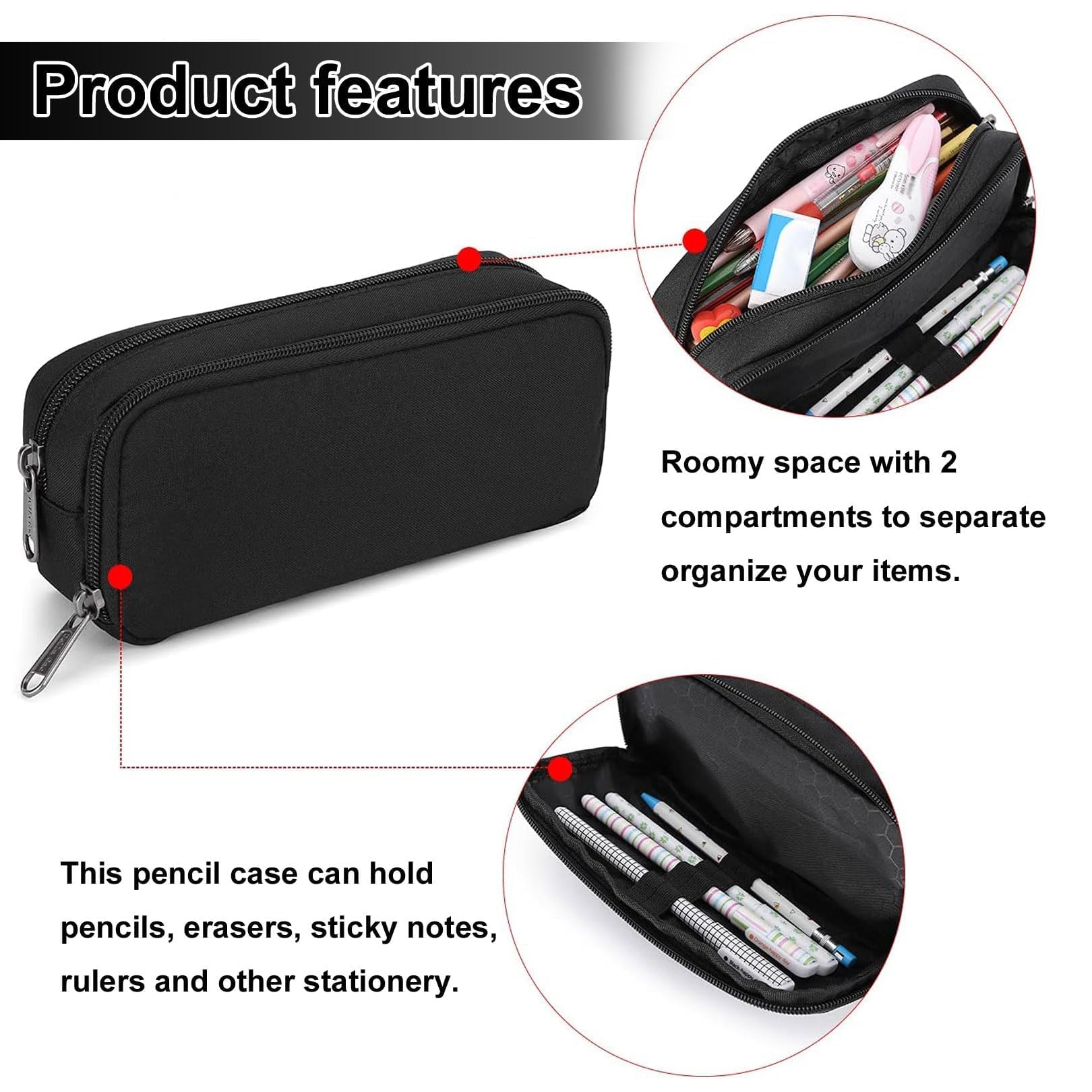 SUHAI 1 Pcs Zipper Black Large Pencil Case,Black Durable Stationery PencilCase Bag,Multifunctional PencilCase Bag PenBag for School College Office Adult Girls and Boys - Image 3