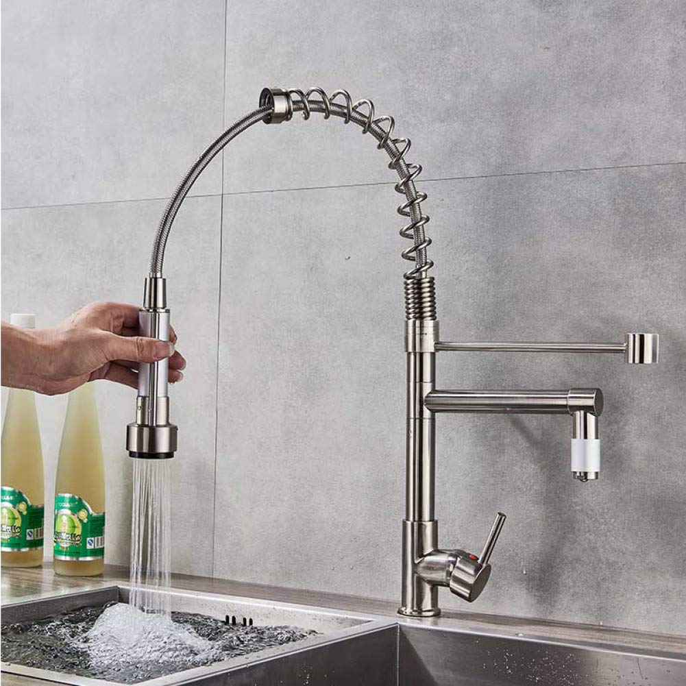 Rubinetto da Cucina con Molla in Oro Nichel Spazzolato, doccetta Laterale Estraibile, Maniglia Singola, Rubinetto per lavello, Rubinetto da Cucina Girevole a 360°
