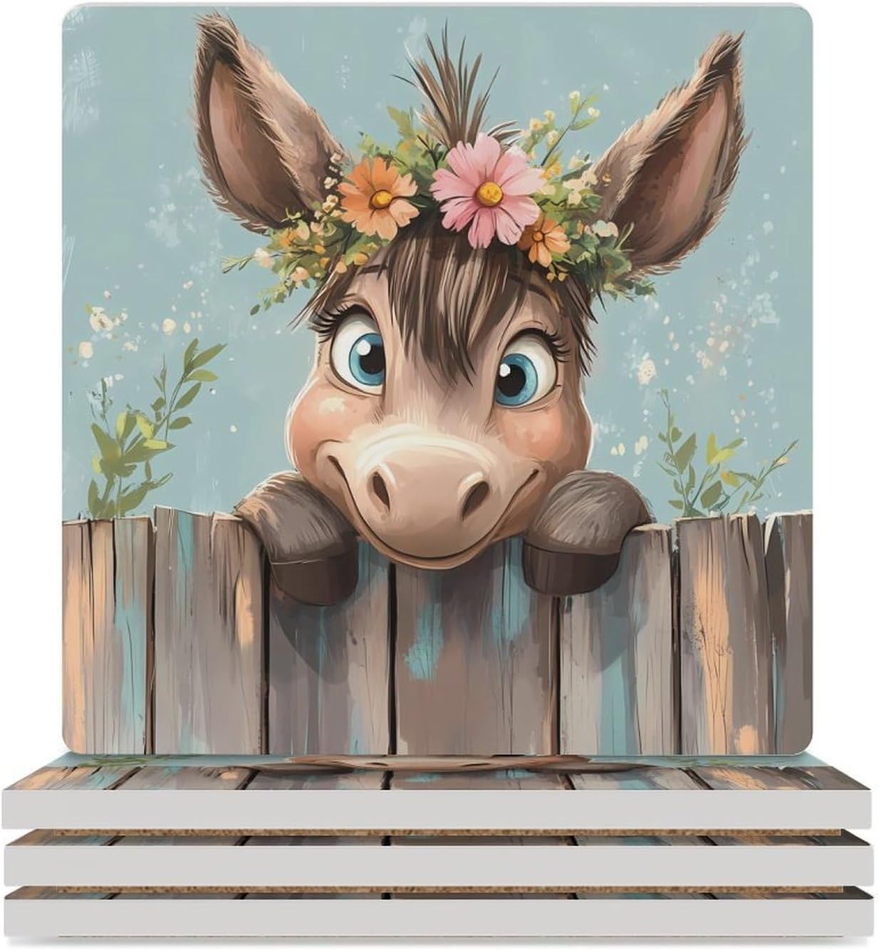 Farmhouse Donkey Floral Ceramic Coasters Set Square Drink Coasters Table Coaster for Kitchen Desktop Decor