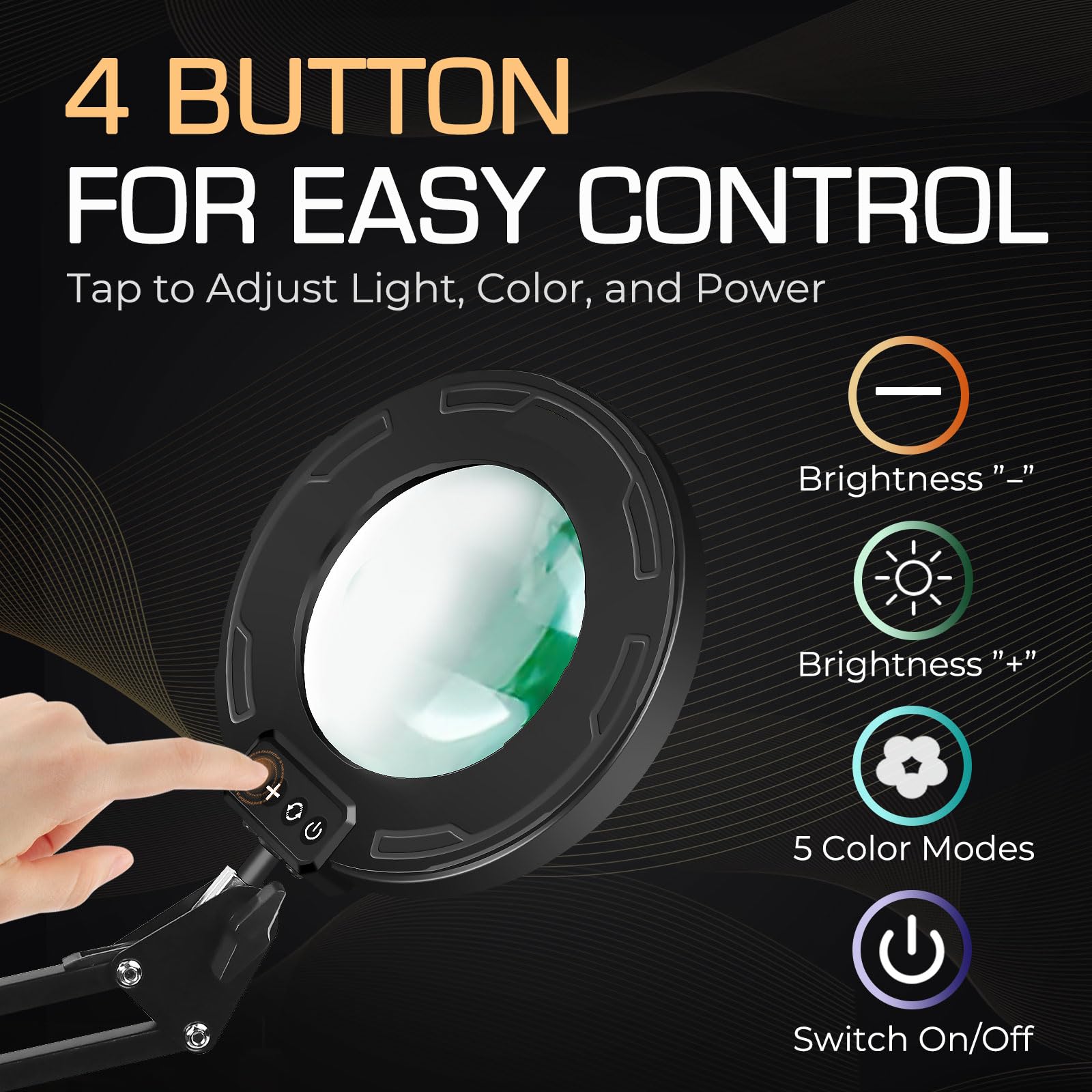 Lupe mit Touch Control Licht und Ständer - LED Lupenleuchte in Schwarz, Klemme, 5 Farbmodi, stufenlos dimmbar - Perfekte Lupenlampe für präzise Arbeiten und Modellbau