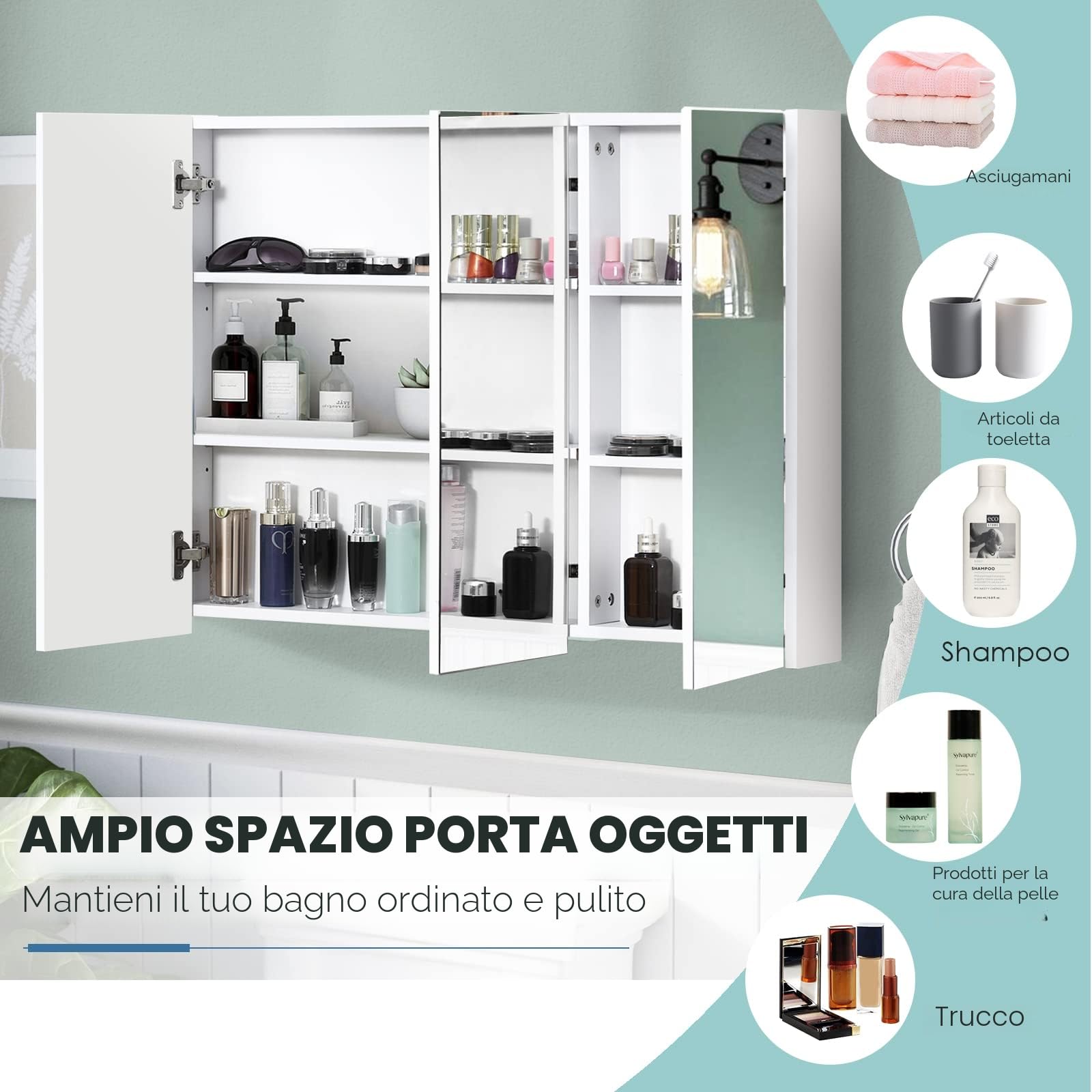LIFEZEAL Mobiletto Bagno Salvaspazio con Contenitore, Specchio HD, Pensile Bagno Sospeso Bianco, Specchiera da Muro a 3 Ante, Armadietto, Mobile con 3 Ripiani, Moderno, in Legno (90x11x65 cm)